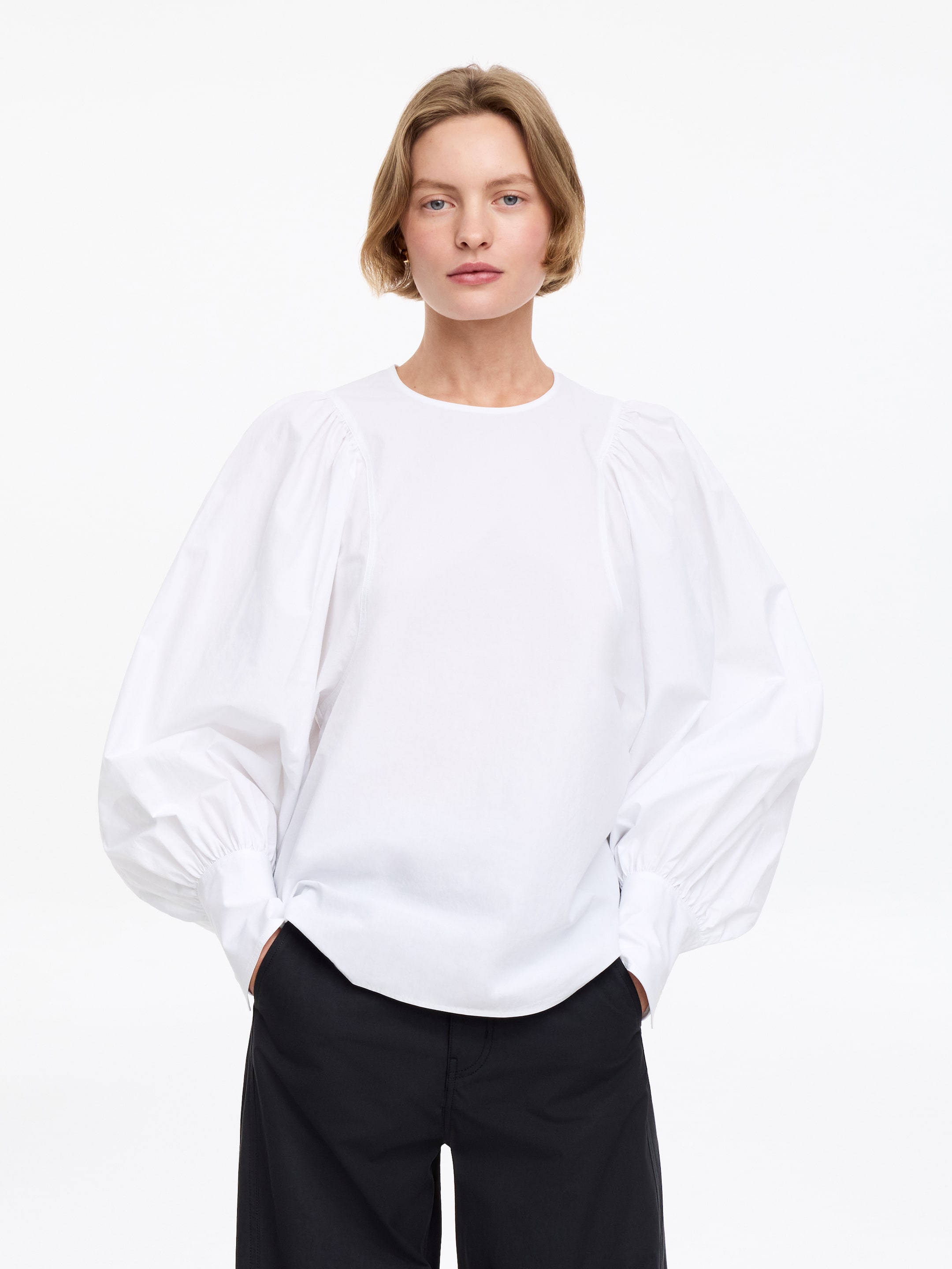 Volume-Sleeve Cotton Blouse-White-19715
