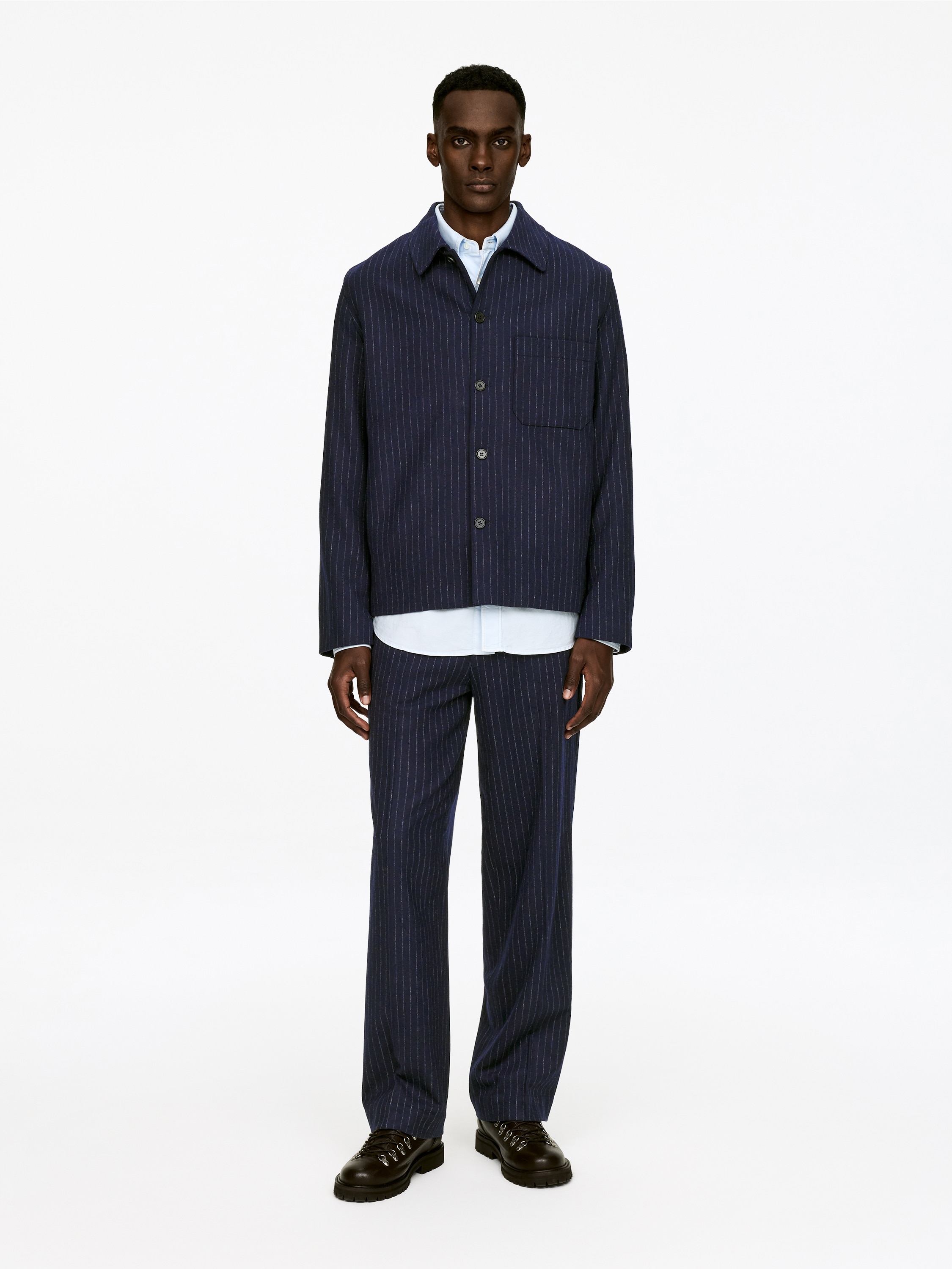 Sobrecamisa en mezcla de lana con raya diplomática - Azul oscuro