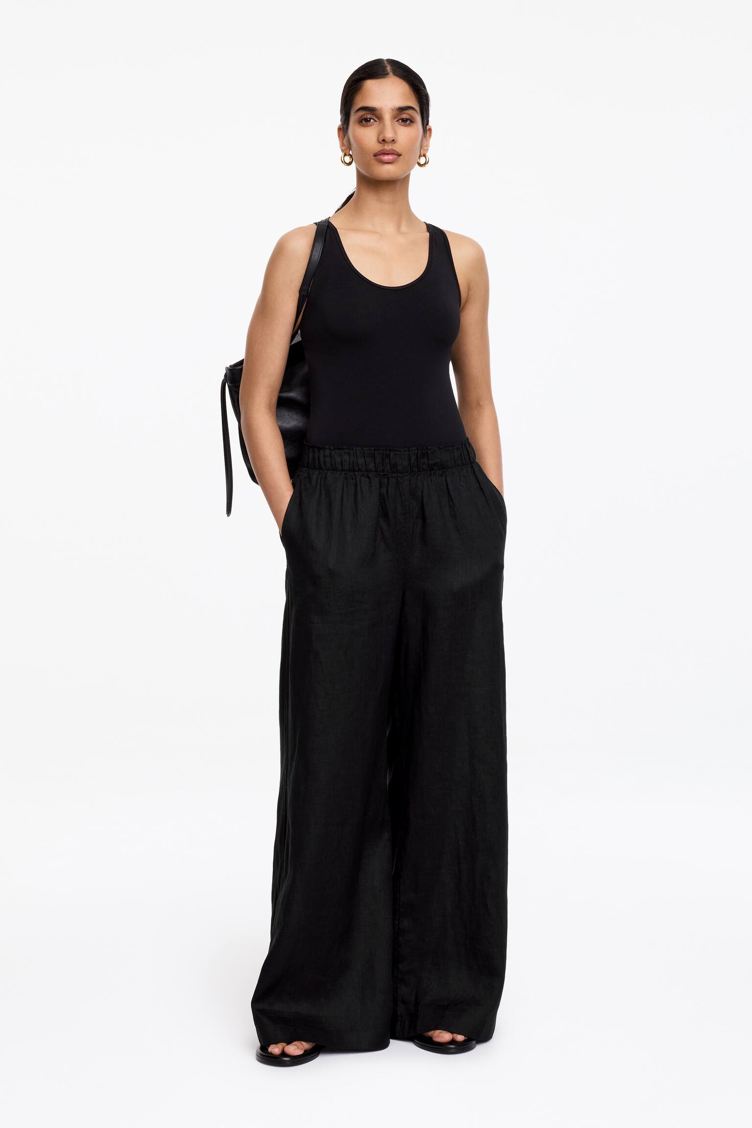 Pantalon large en lin - Noir - 1