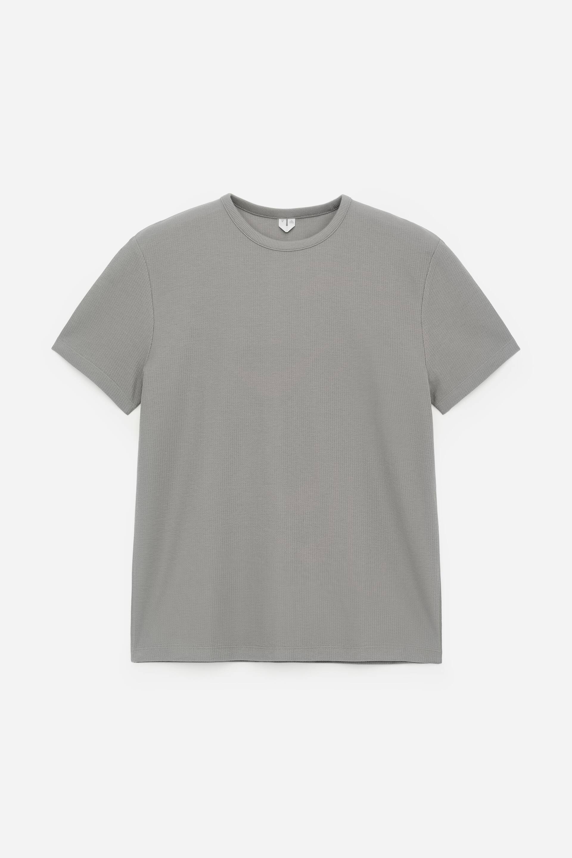 Visa större bild: En grå T-shirt med korta ärmar visas FRAMIFRÅN, med rund hals och en åtsittande stil, med en subtil ribbad textur synlig över tyget.