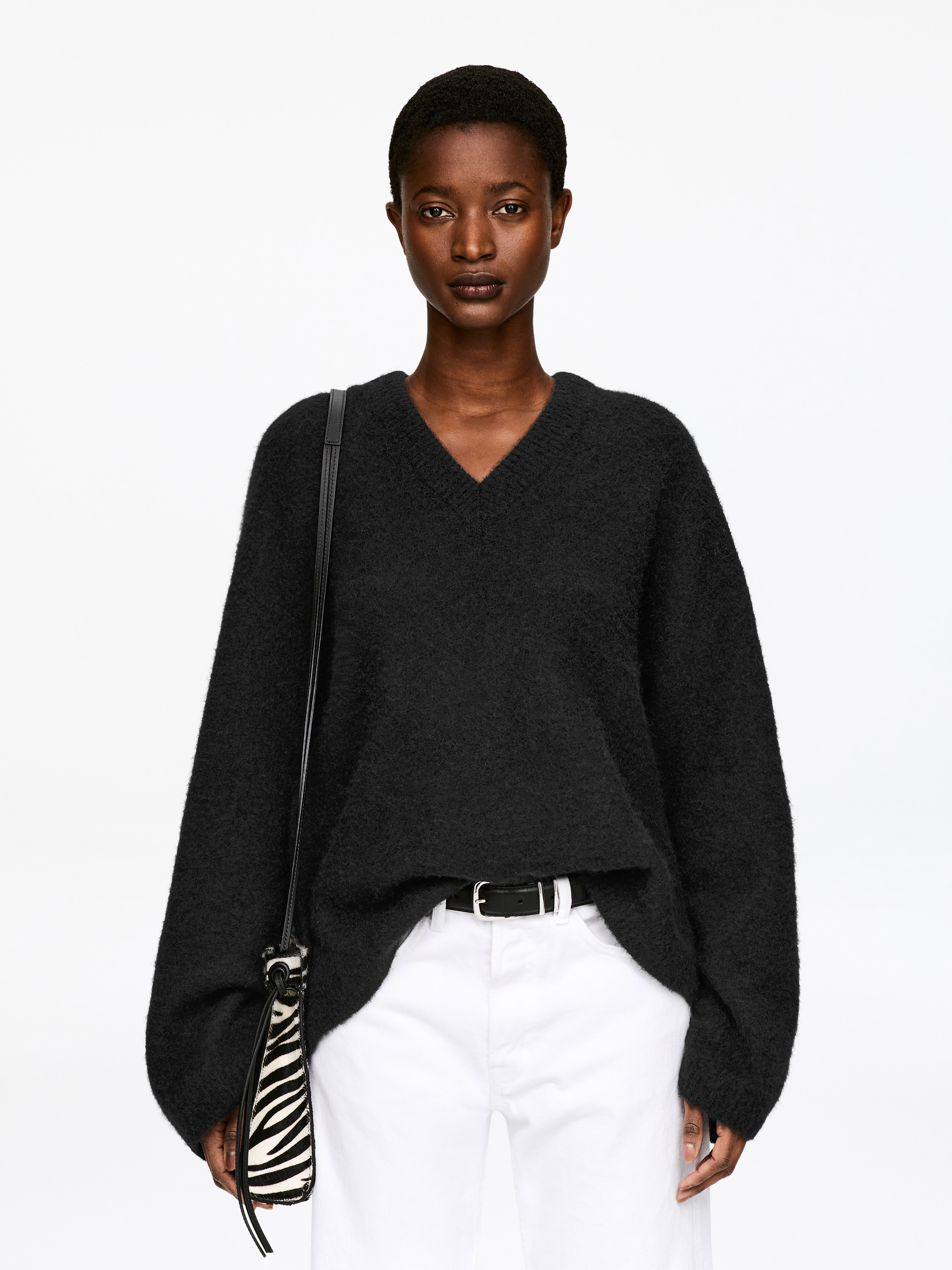 Jersey de pico en mezcla de lana y alpaca - Negro/Gris topo