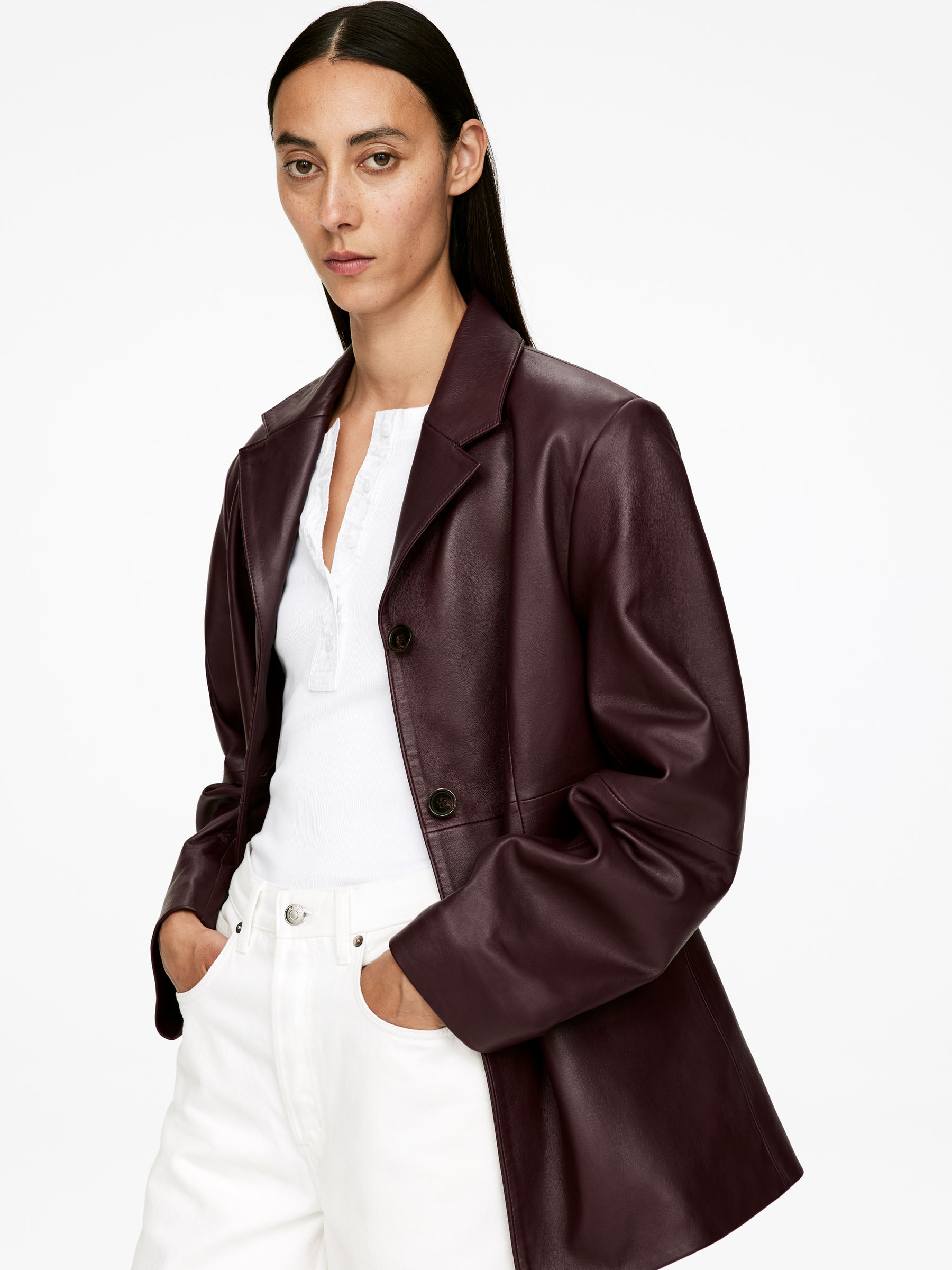 Single-Breasted Leather Jacket - Dark Red - Relaxed fit - Women - StillMedia/Lookbook - 4