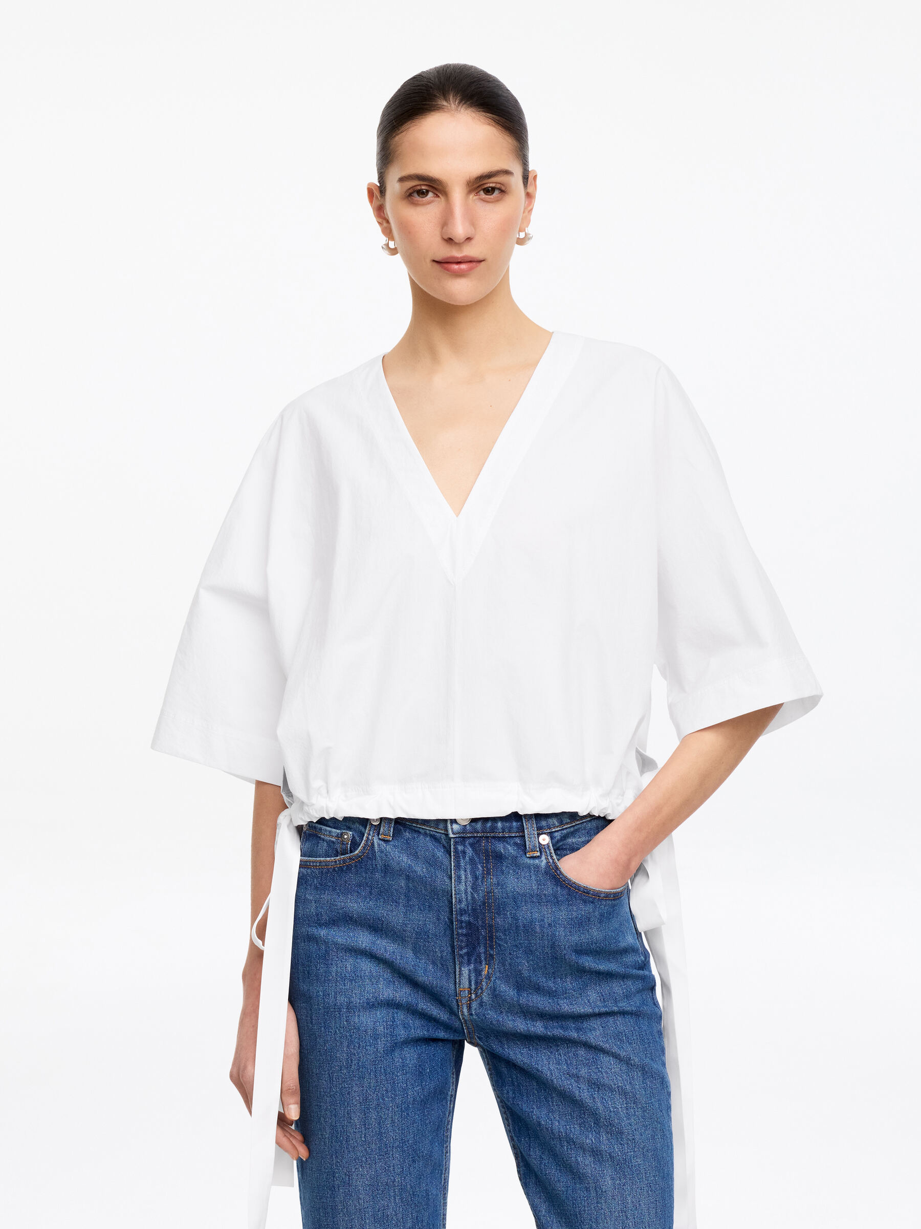 Bawełniany top z troczkami na dole-#FFFFFF-18783