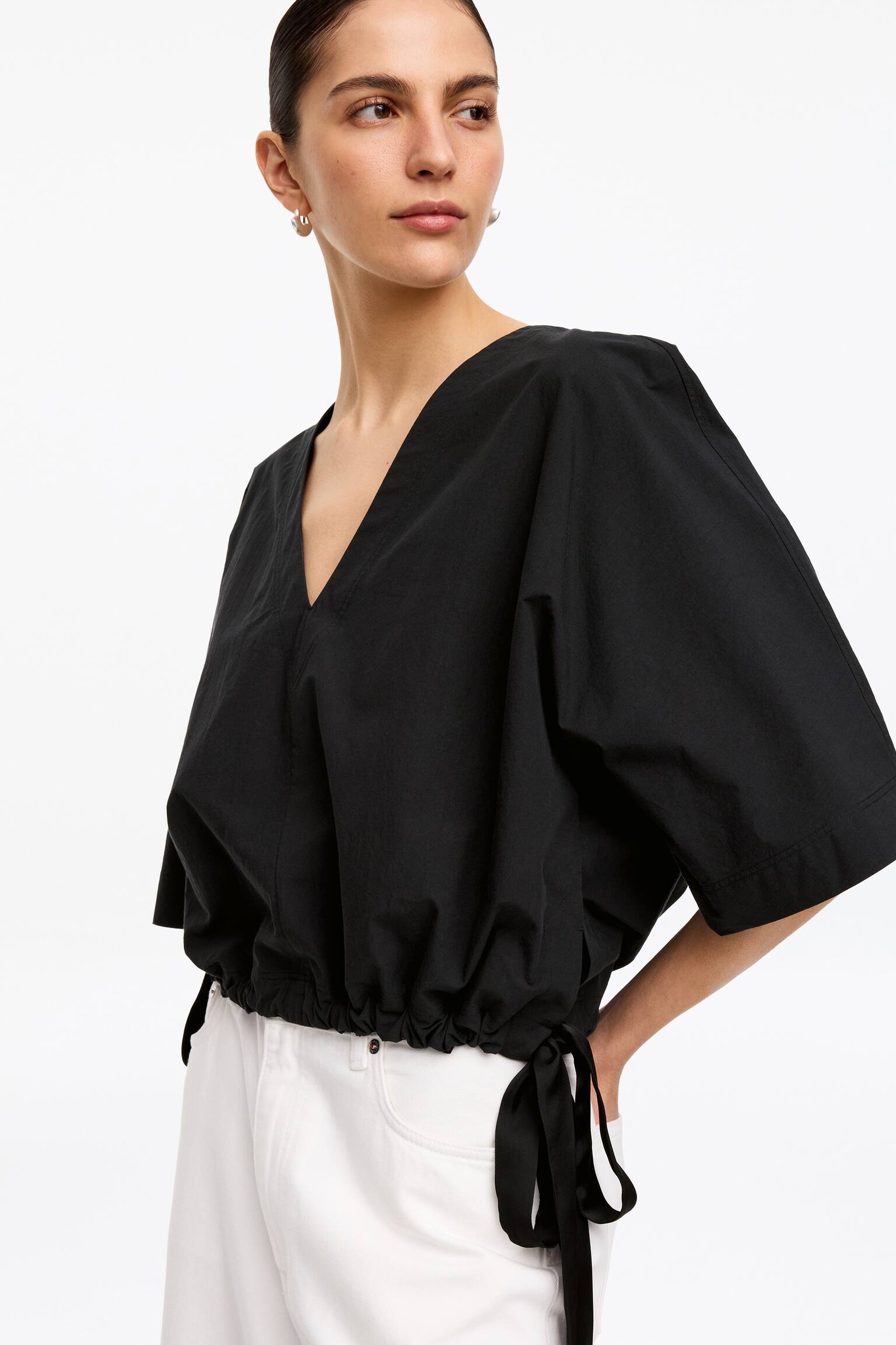 Bawełniany top z troczkami na dole - Czarny/Biały - 4