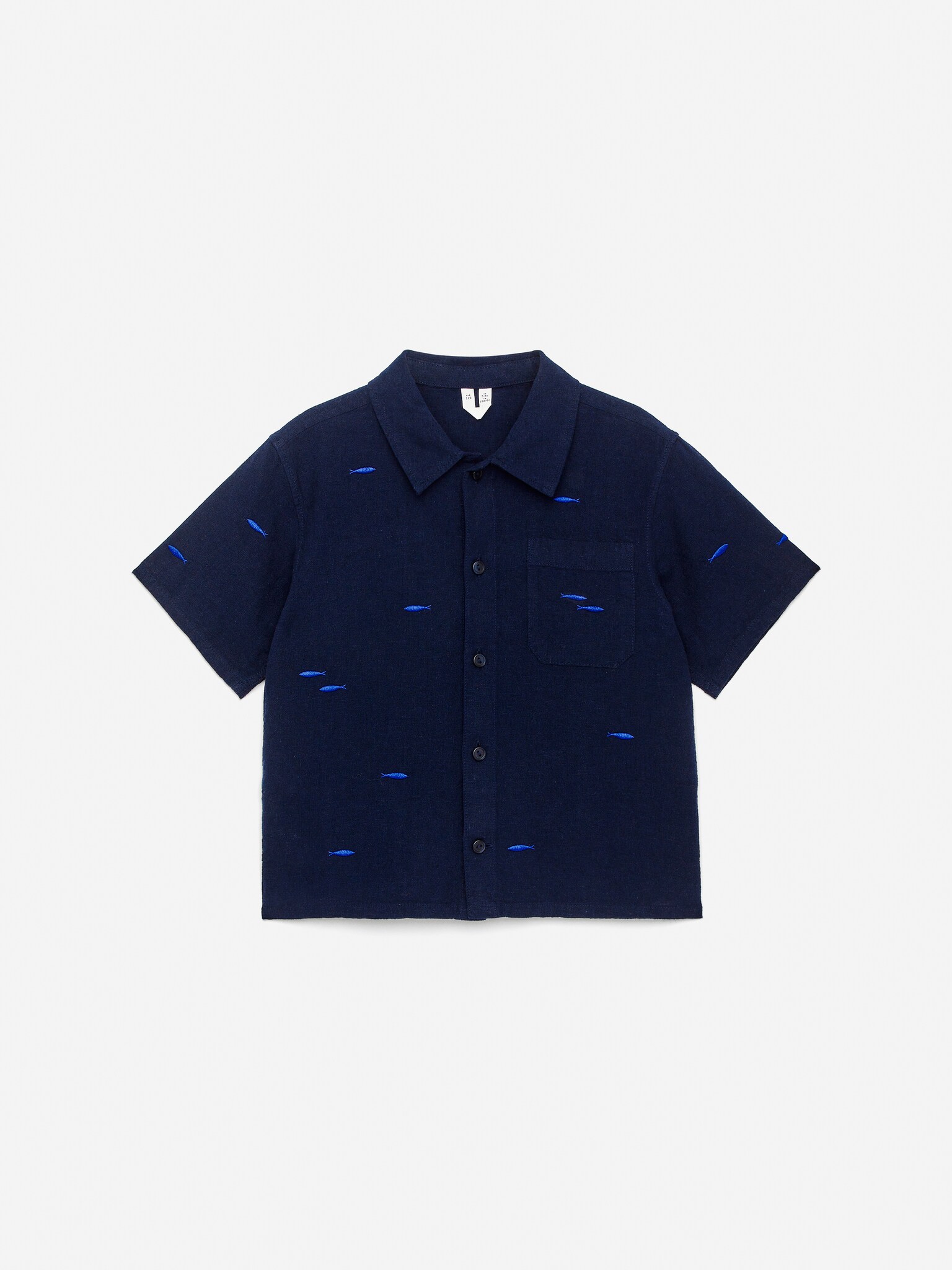 Chemise en coton brodée - Bleu foncé/Poissons