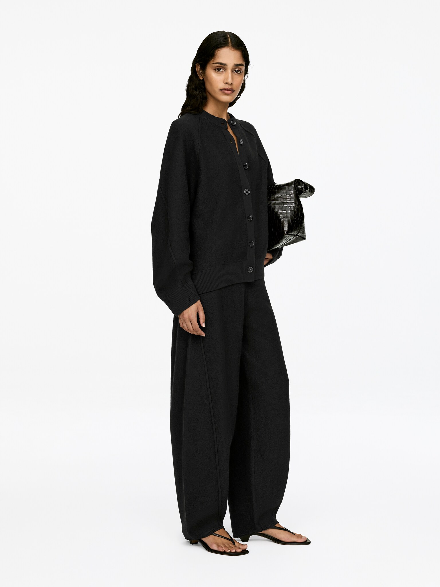 Boiled Wool Cardigan - Black/Burgundy - 4