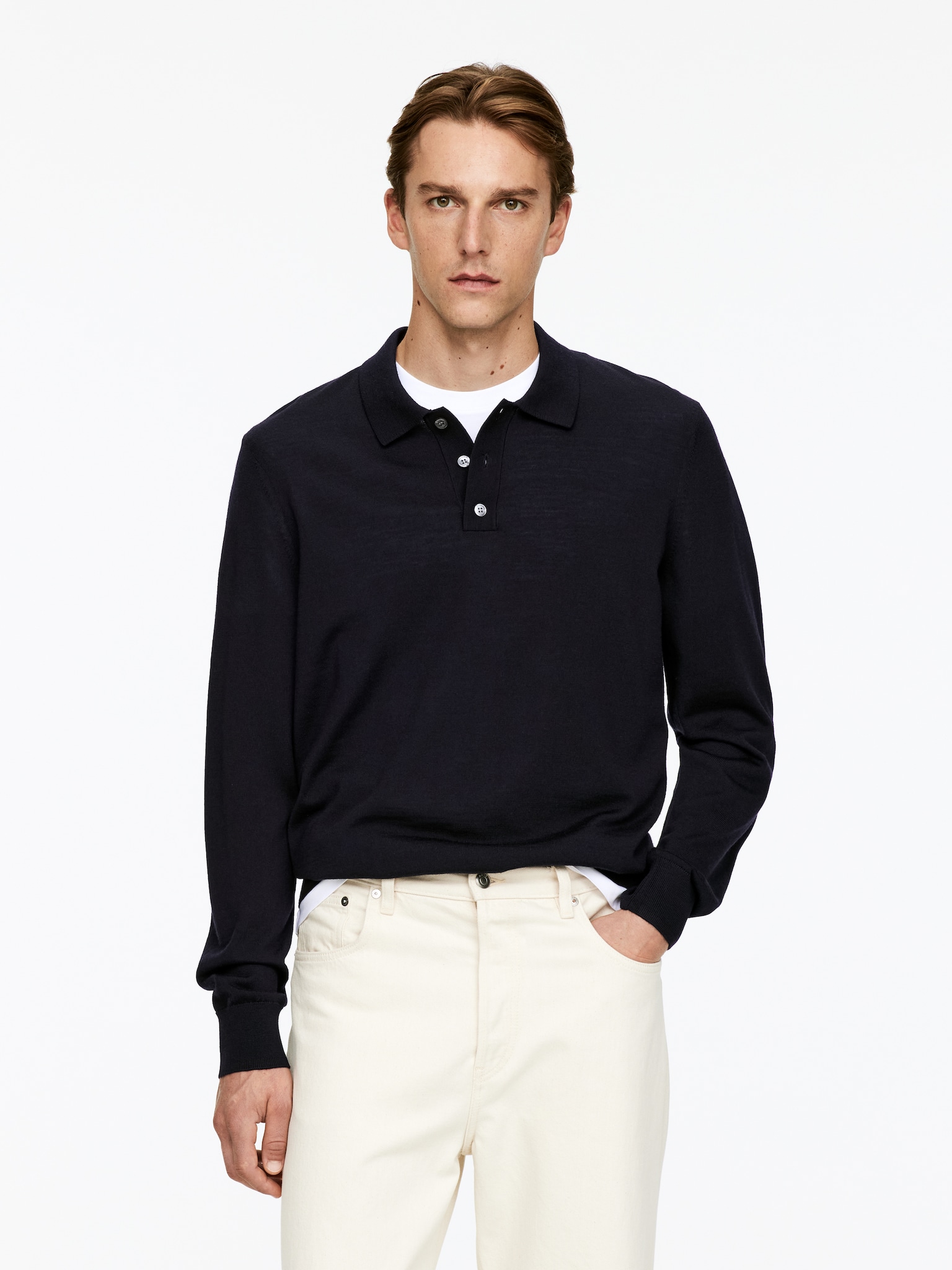 Jersey tipo polo de lana merino - Azul oscuro/Marrón oscuro/Verde oscuro/Gris jaspeado/Topo claro/Negro/Gris oscuro