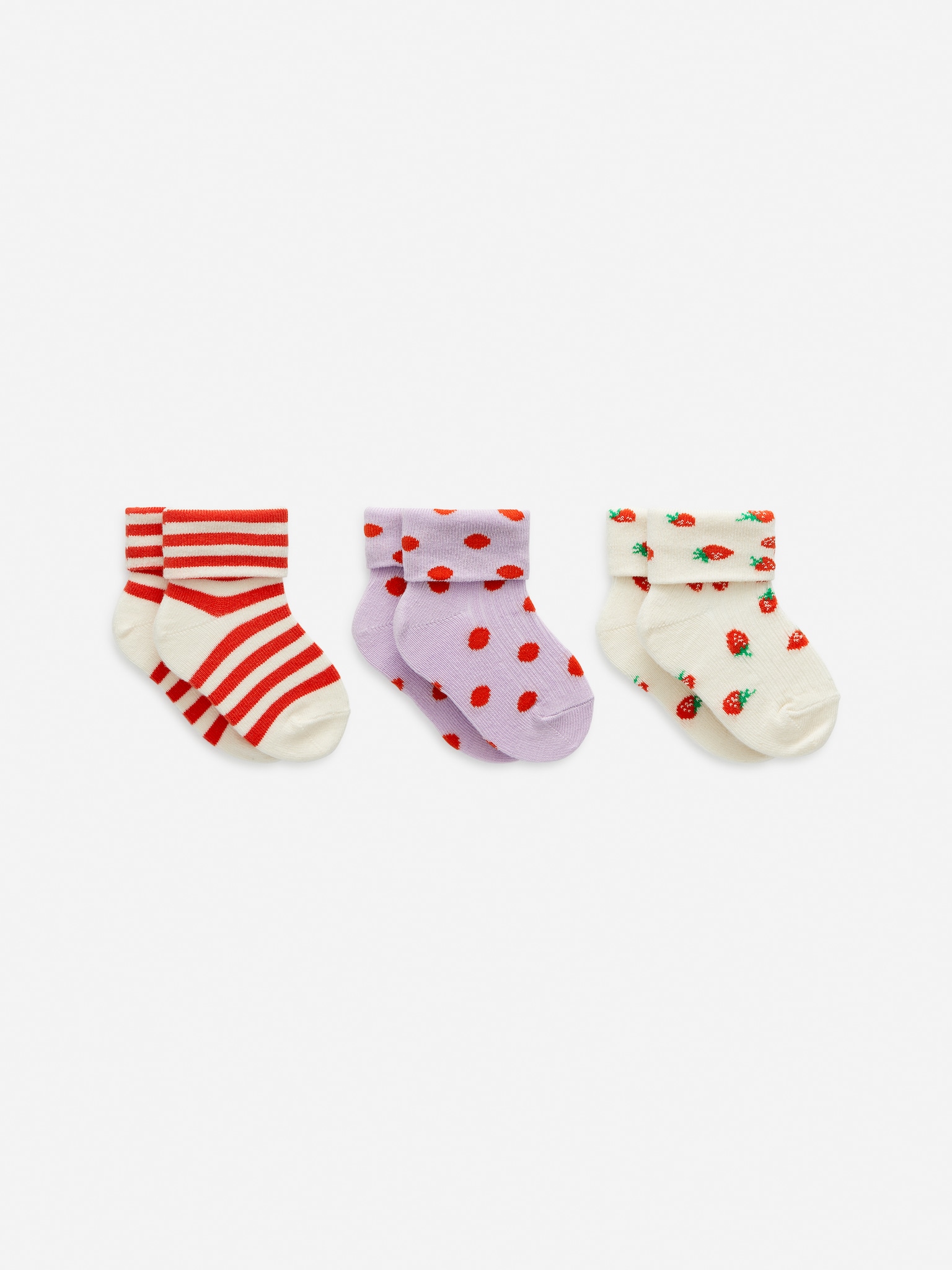 Gerippte Socken, 3er-Pack - Cremeweiß/Rot/Blau/Herzen/Grün/Beige