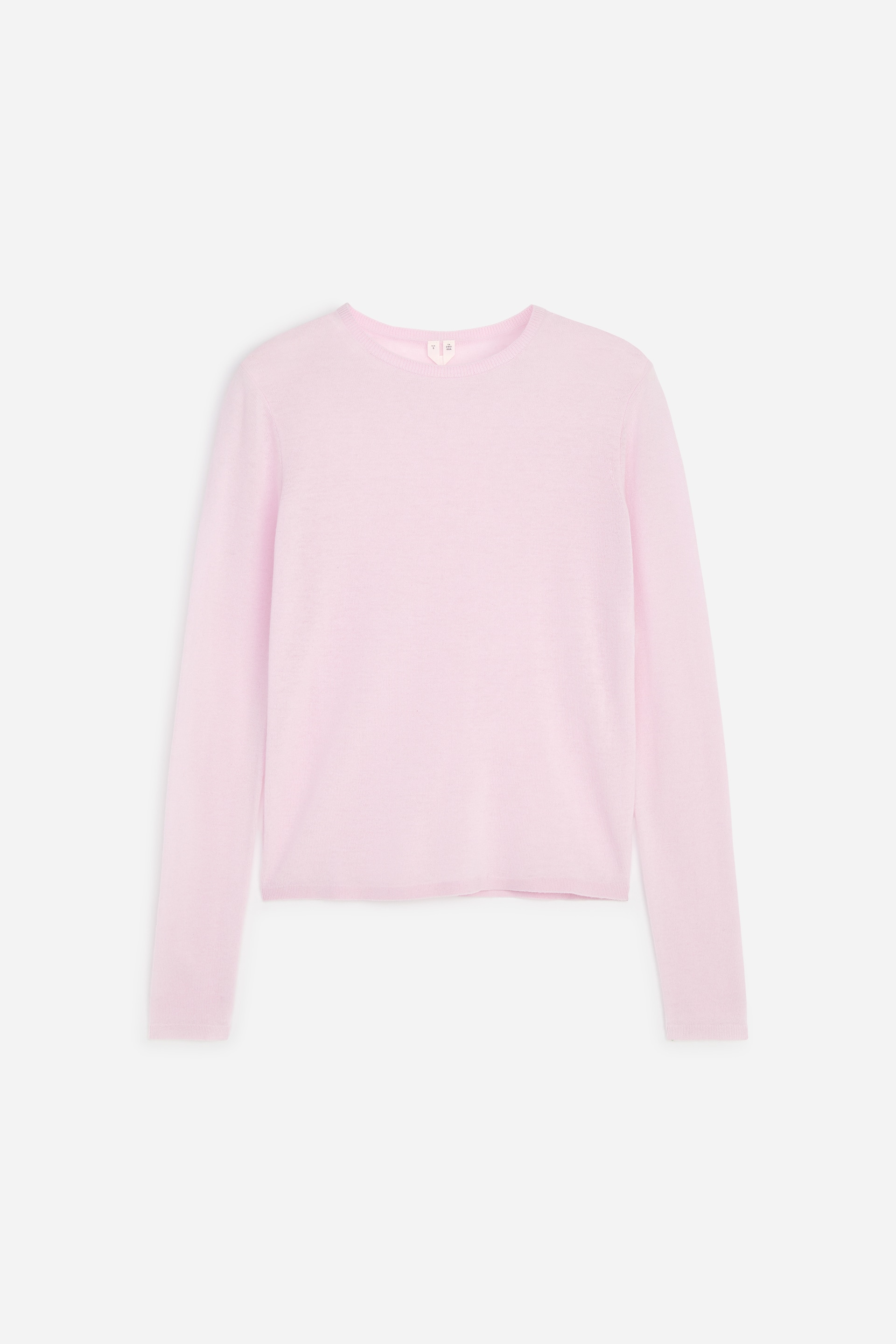 View larger image: A light pink fine-knit jumper is displaying its front, featuring a crew neck, long sleeves, and ribbed trims at the neckline, cuffs, and hem, presenting a regular fit.