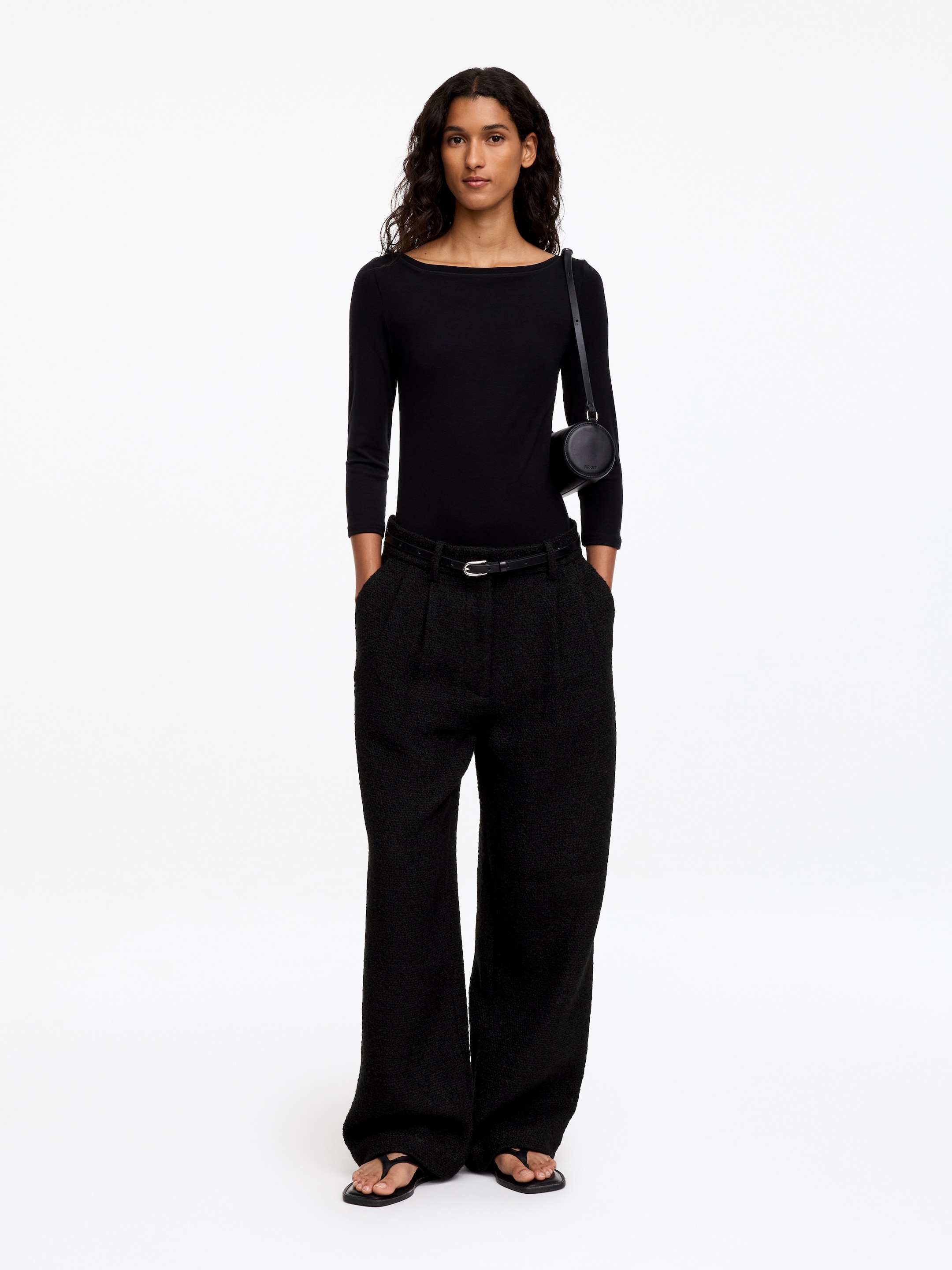 Bouclé Wool Blend Trousers-Black-20569