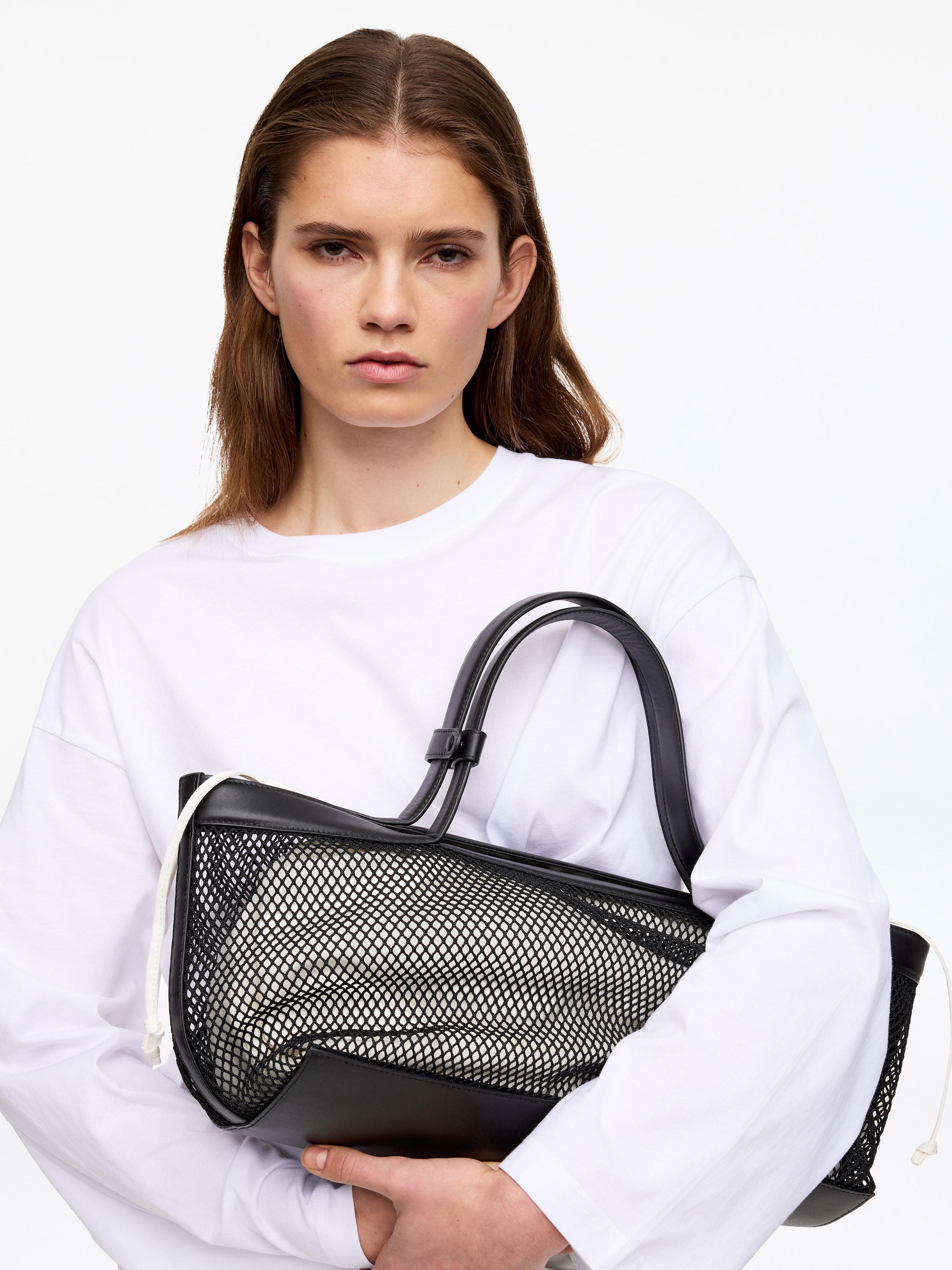 Leather-Detail Mesh Tote Bag-#272627-17919