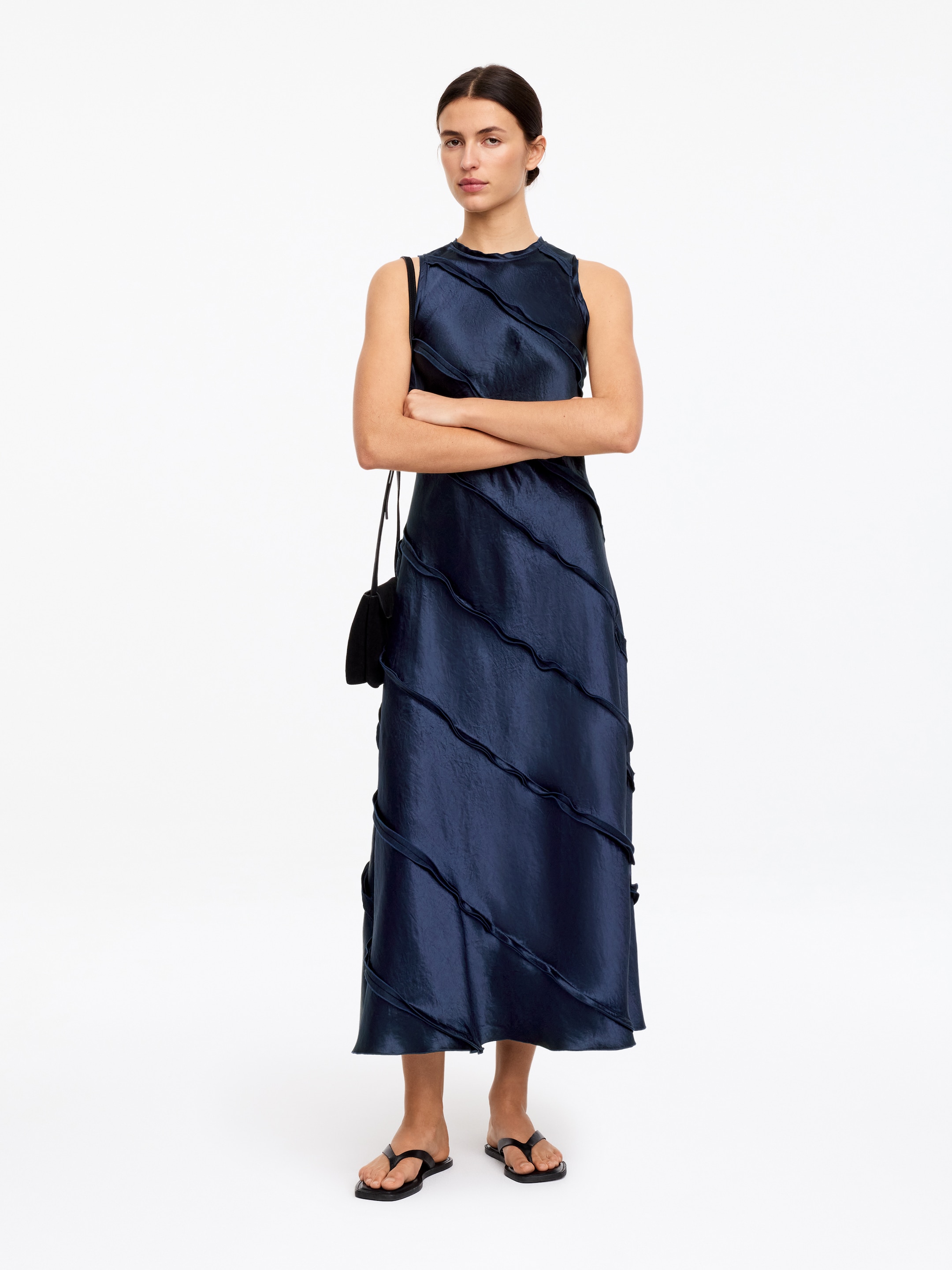 Frill Satin Dress-Blue-18789