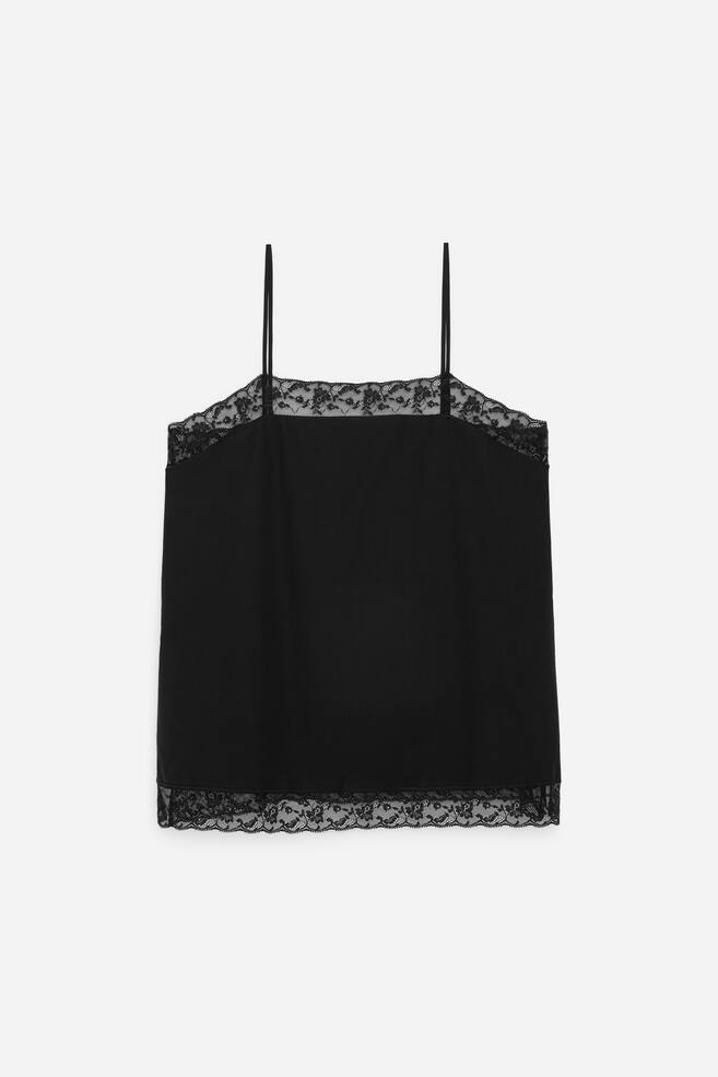 Haut à bretelles en coton avec bordure en dentelle - Noir/Blanc cassé - 1