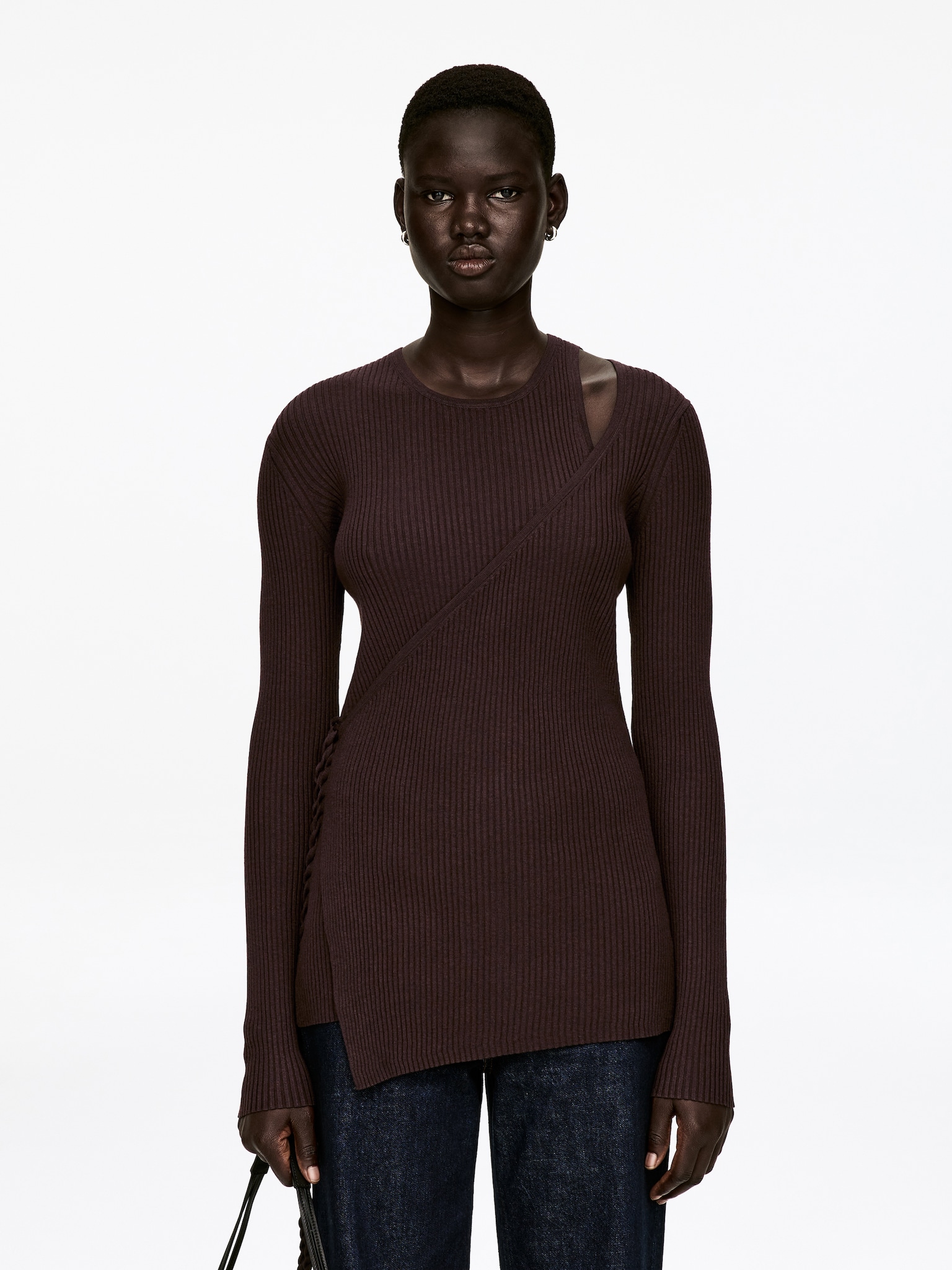 Ribbed Wrap Top - Dark Brown - 1