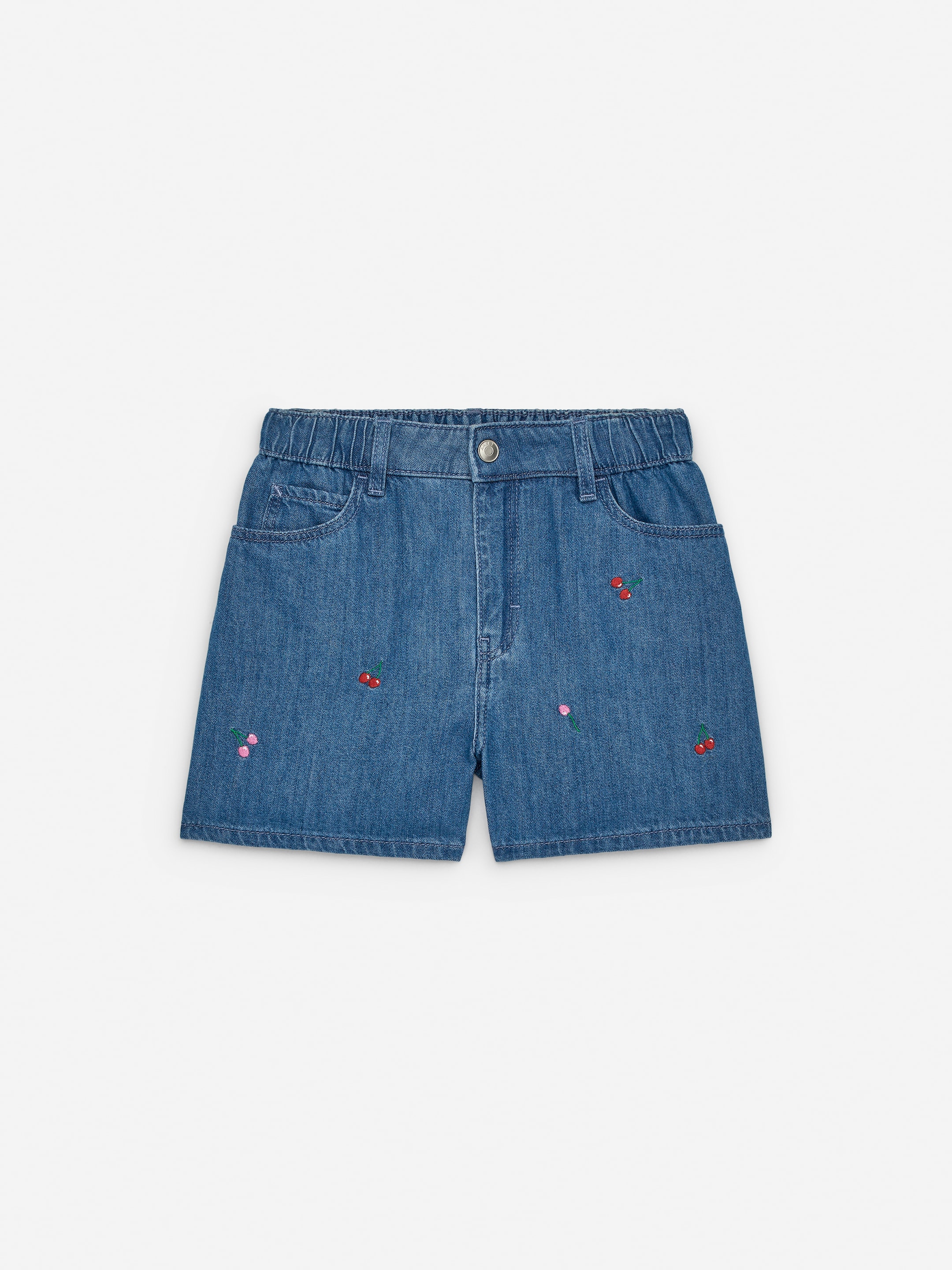 Embroidered Denim Shorts - Blue/Cherries - Relaxed fit - Women - StillMedia/DescriptiveStillLife - 2