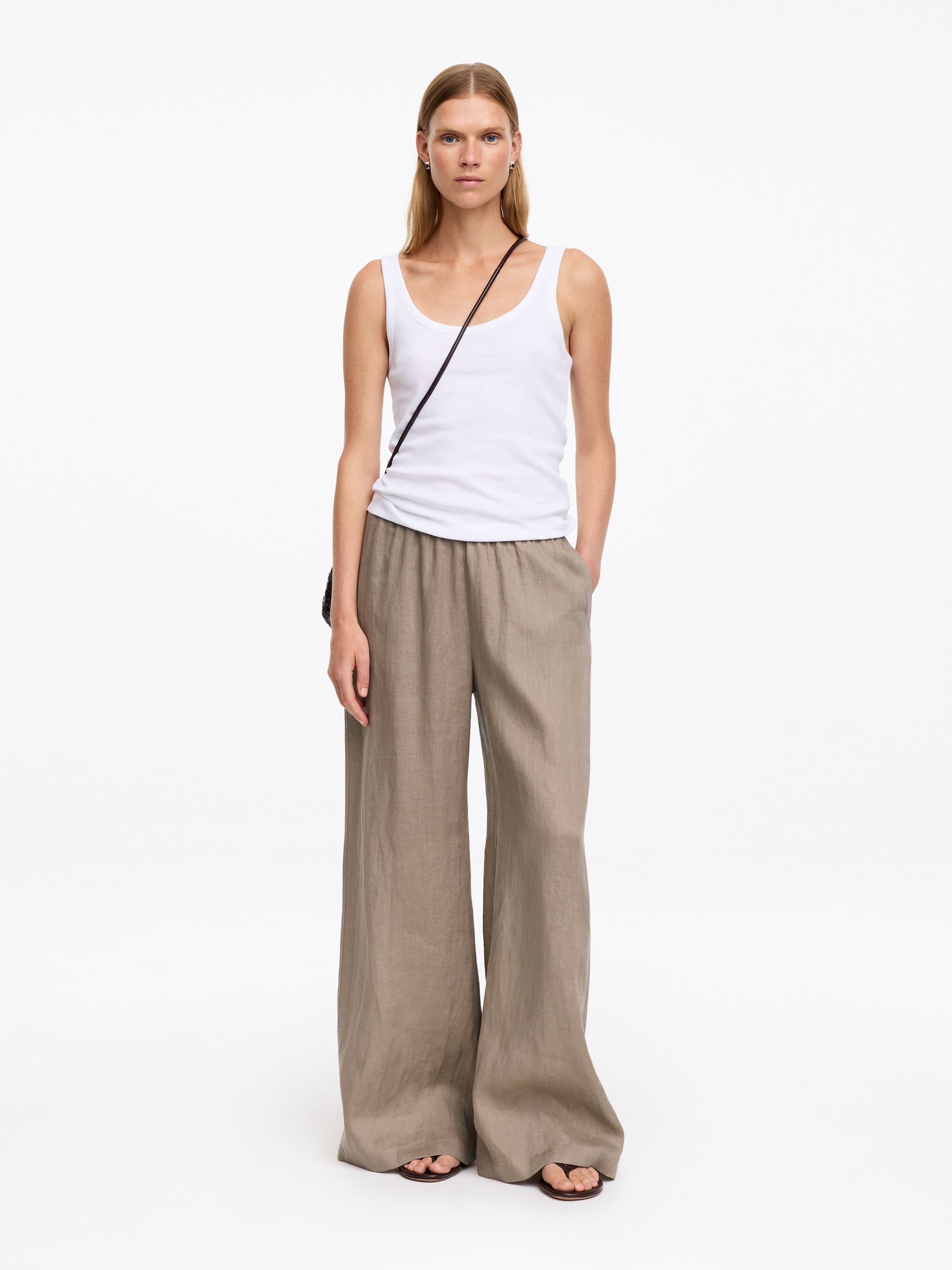 Wide Linen Trousers-Beige-20186