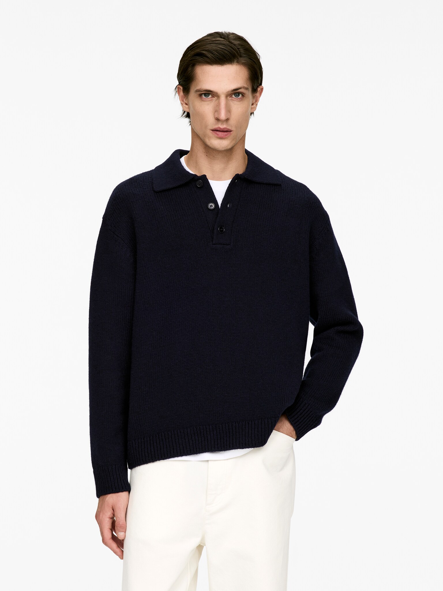 Maglione in stile polo in lana - Blu scuro/Grigio