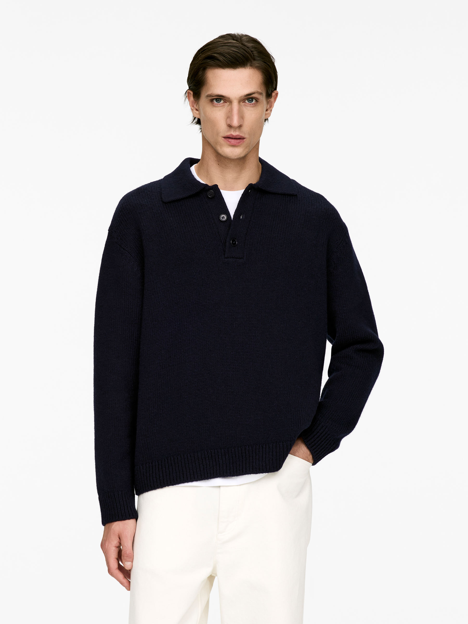 Wool Polo Jumper - Dark Blue - Relaxed fit - Men - StillMedia/Lookbook - 6