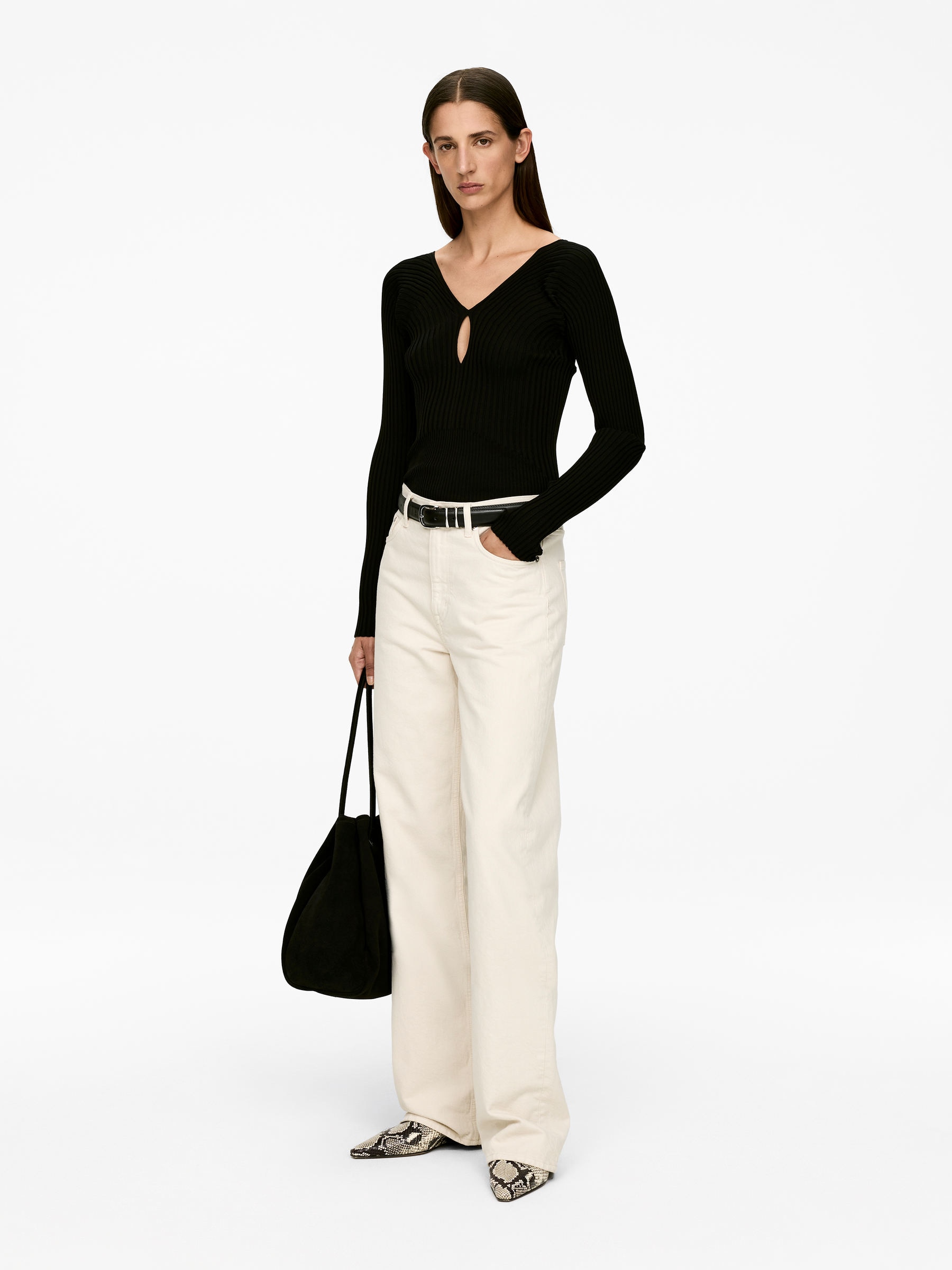 Haut côtelé à col en V - Noir - Slim fit - Femme - StillMedia/Lookbook - 3