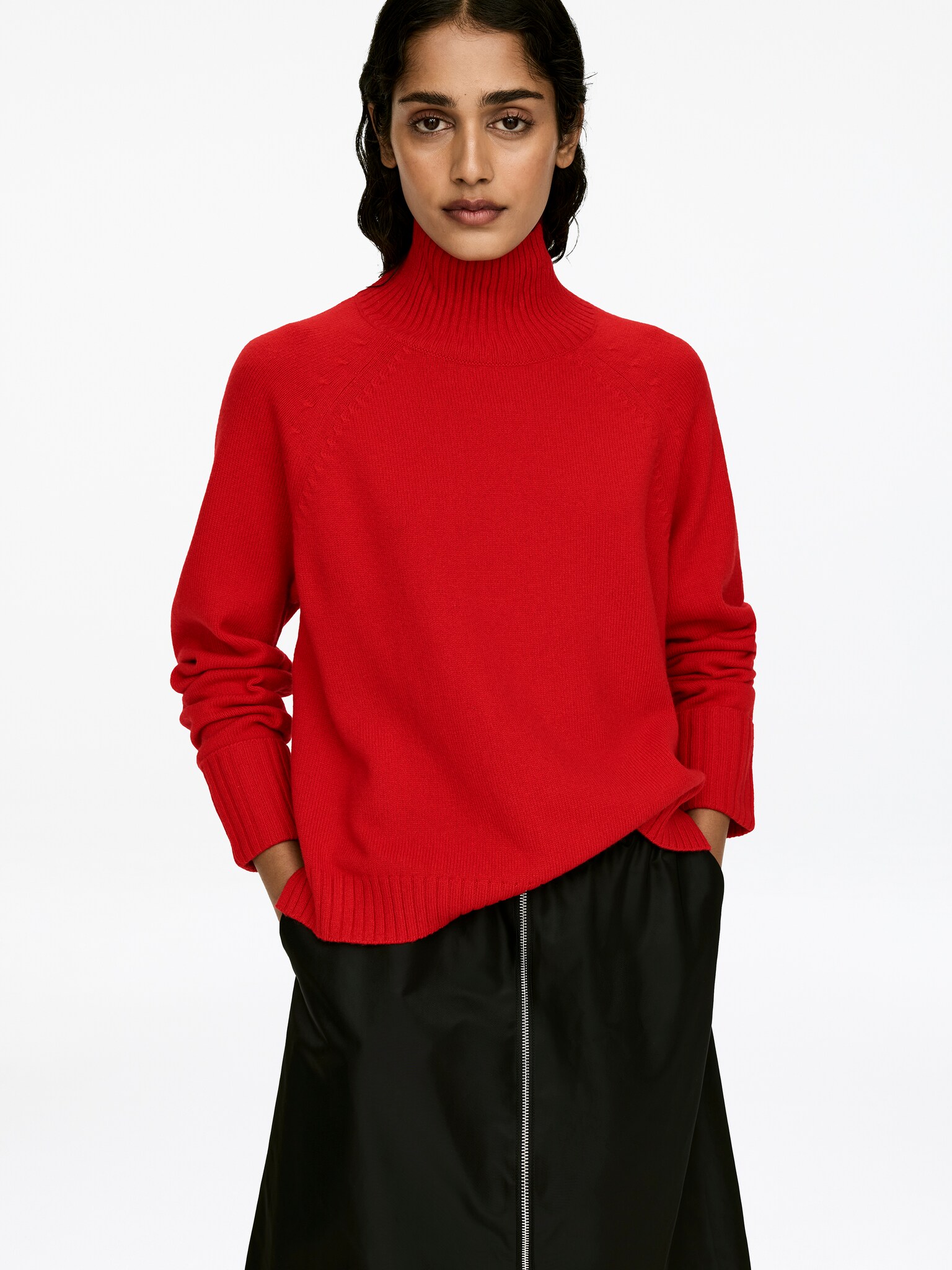 Pull en laine à col roulé - Rouge/Gris foncé chiné - 6