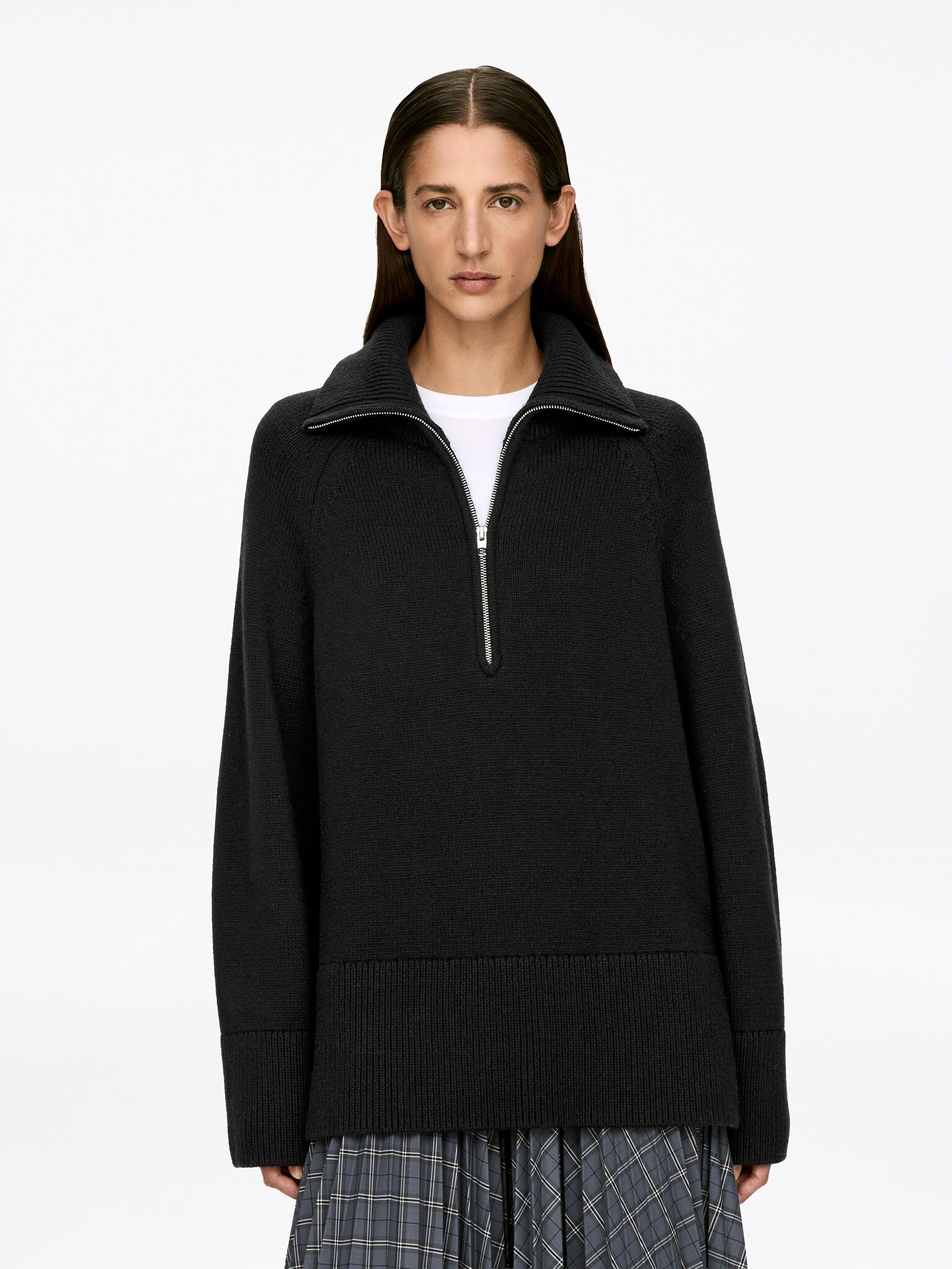 Maglione in lana e cotone con mezza cerniera - Nero