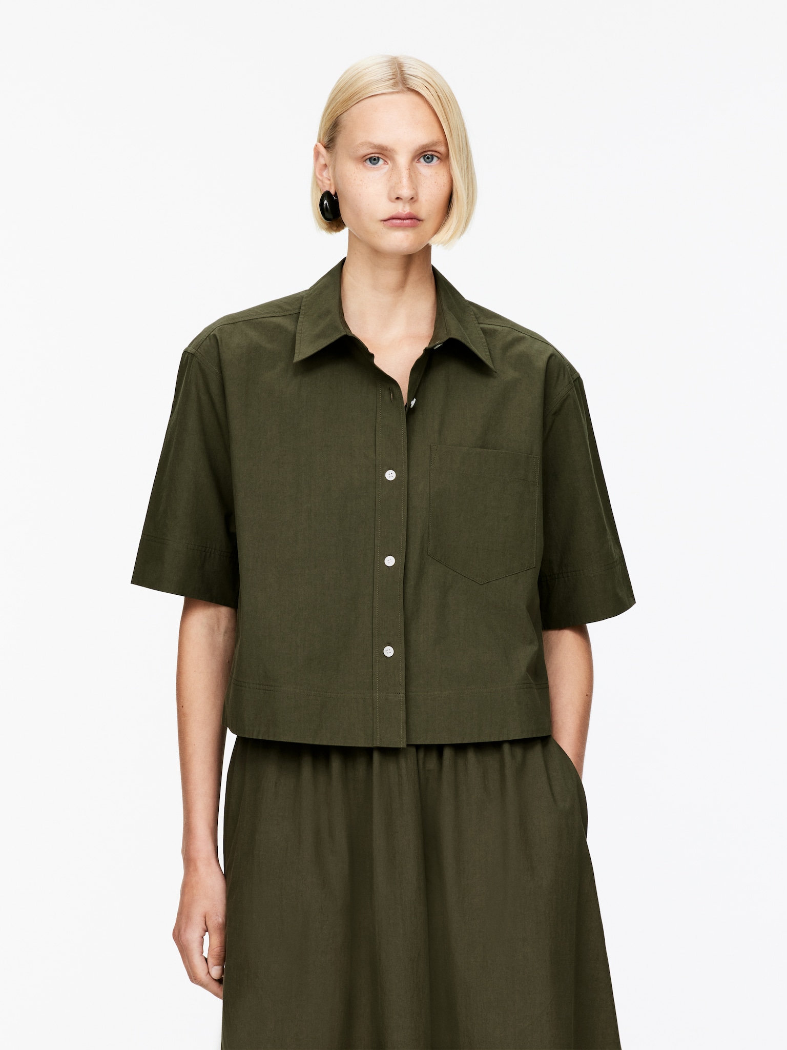 Camisa de algodón de manga corta - Verde caqui oscuro/Negro/Blanco