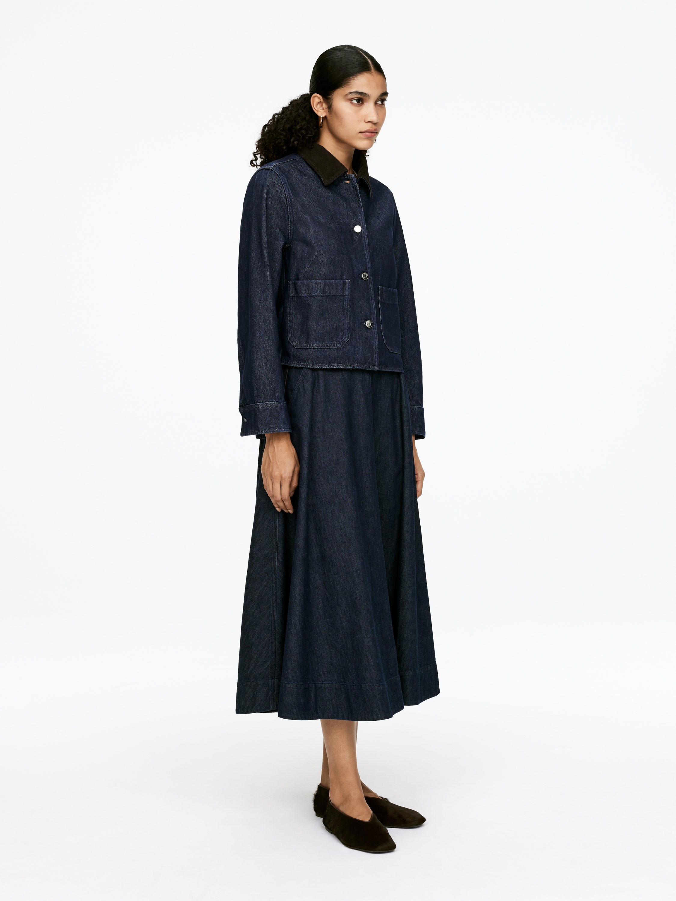 Corduroy-Collar Denim Overshirt - Dark Blue - Regular fit - Women - StillMedia/Lookbook - 5