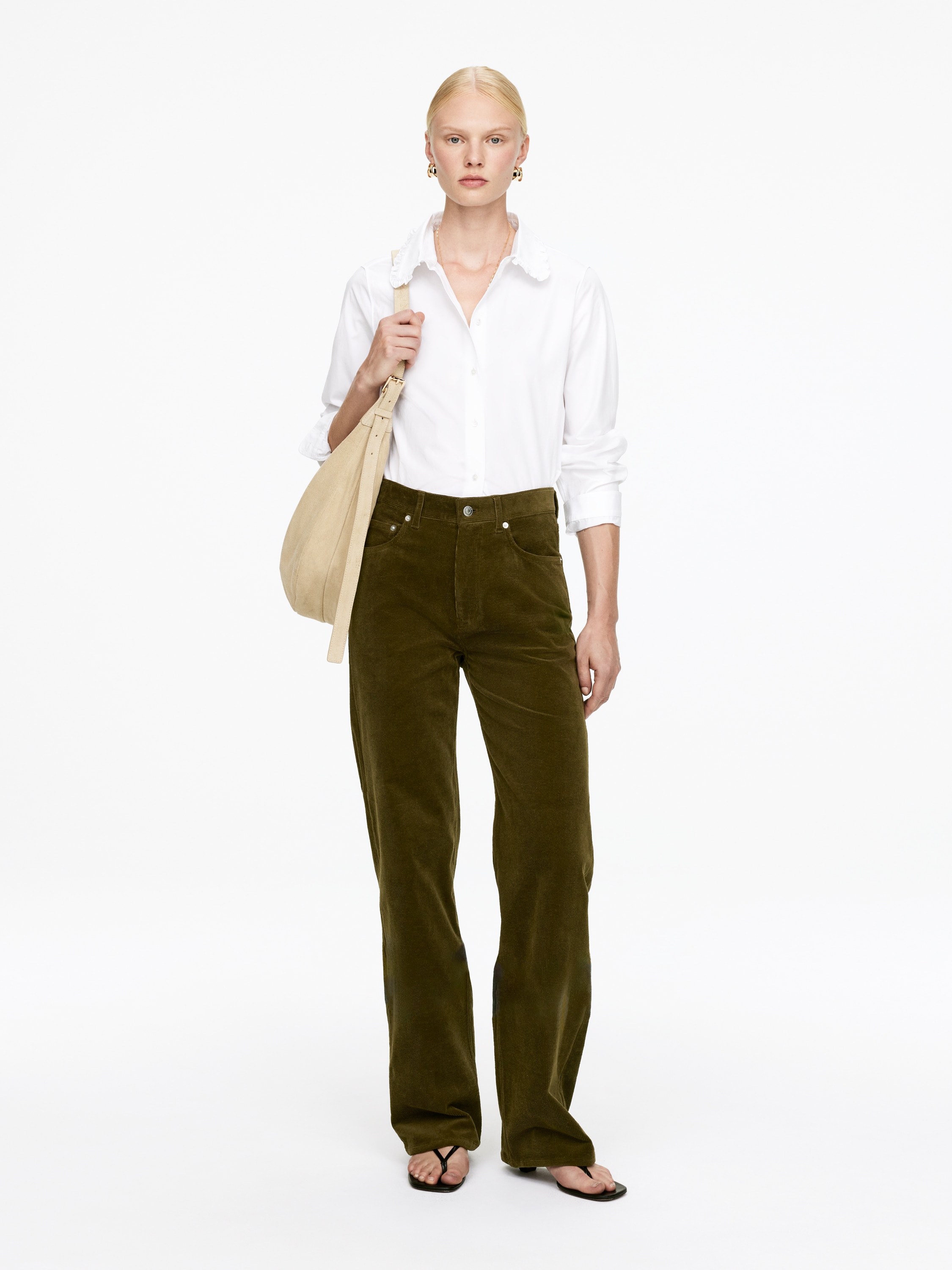 CORAL kordfløyelsjeans med vide ben - Mørk khakigrønn/Offwhite/Mørk burgunder