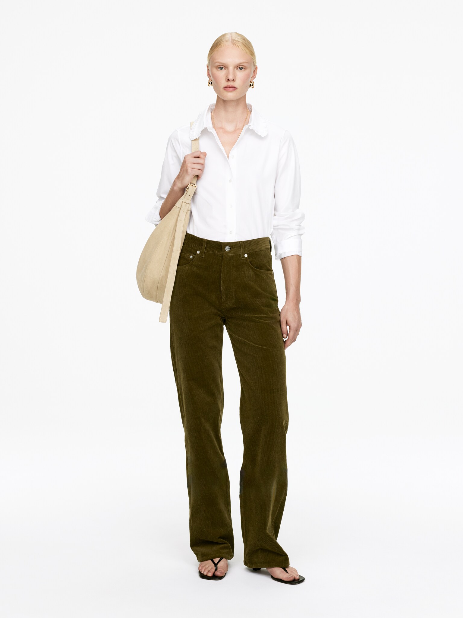 CORAL kordfløyelsjeans med vide ben - Mørk khakigrønn/Mørk burgunder/Offwhite