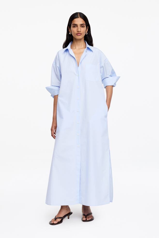 Robe-chemise en coton - Bleu ciel/Bleu foncé/Marron/Écru - 1