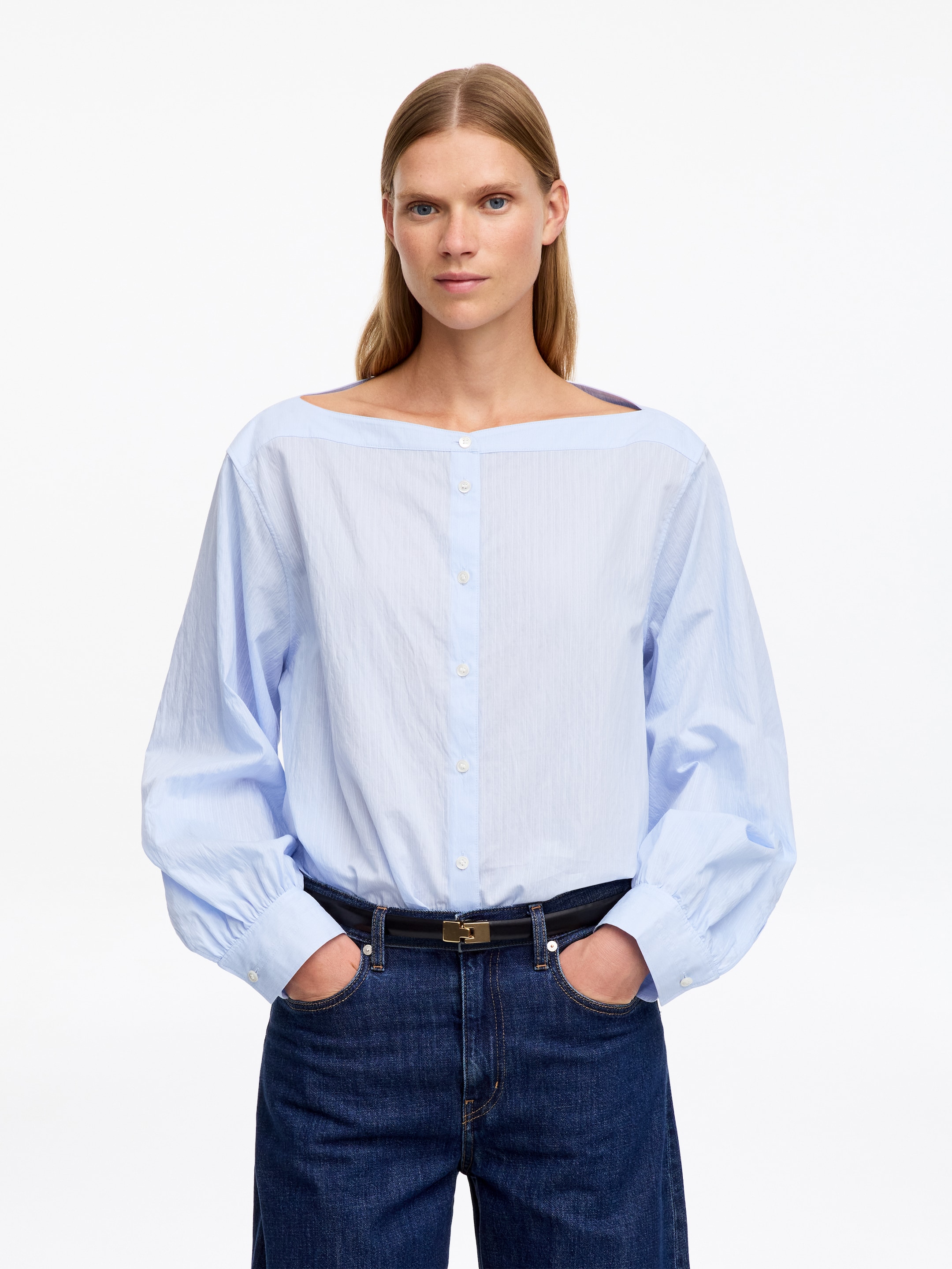 Boat-Neck Cotton Blouse-Blue-20434