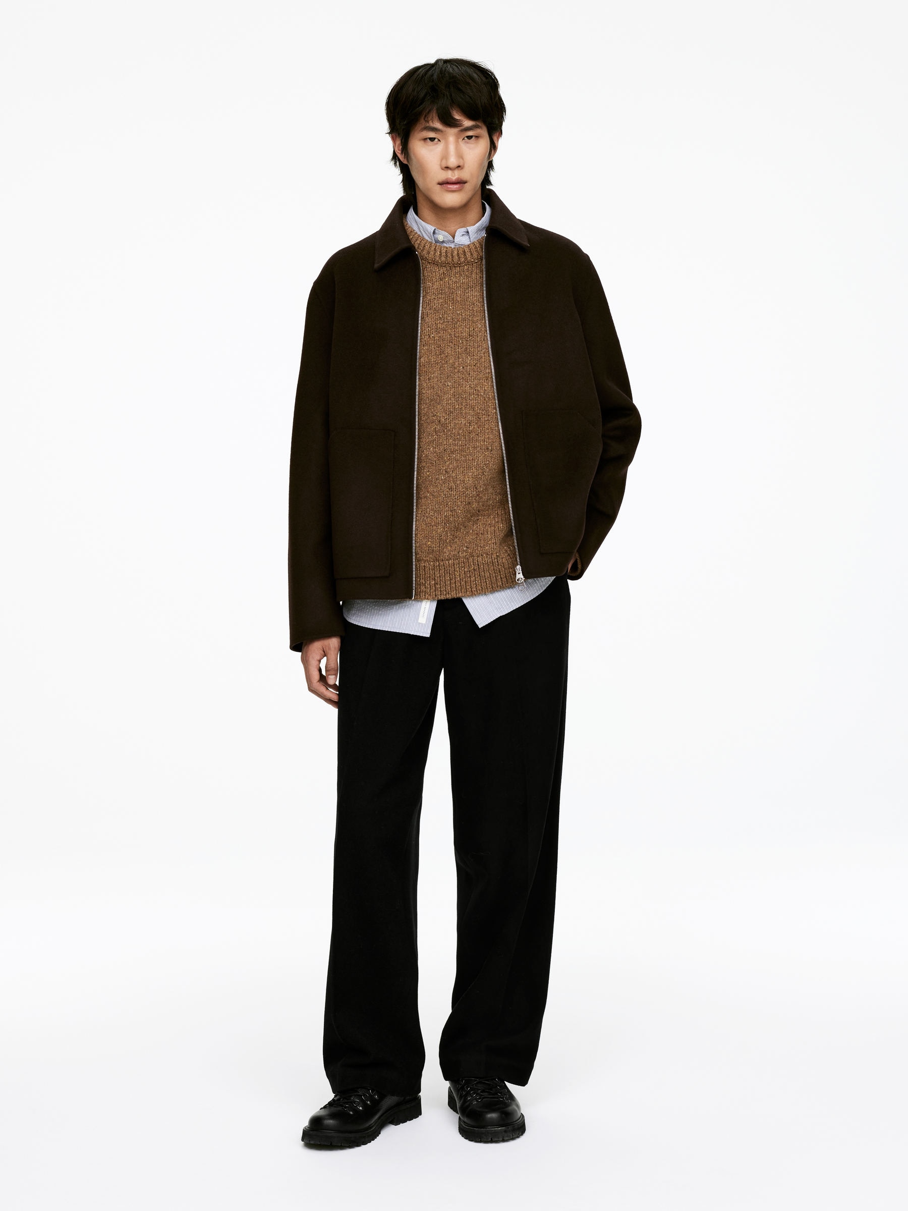 Double-Face Wool Blend Jacket-#3F3838-16303