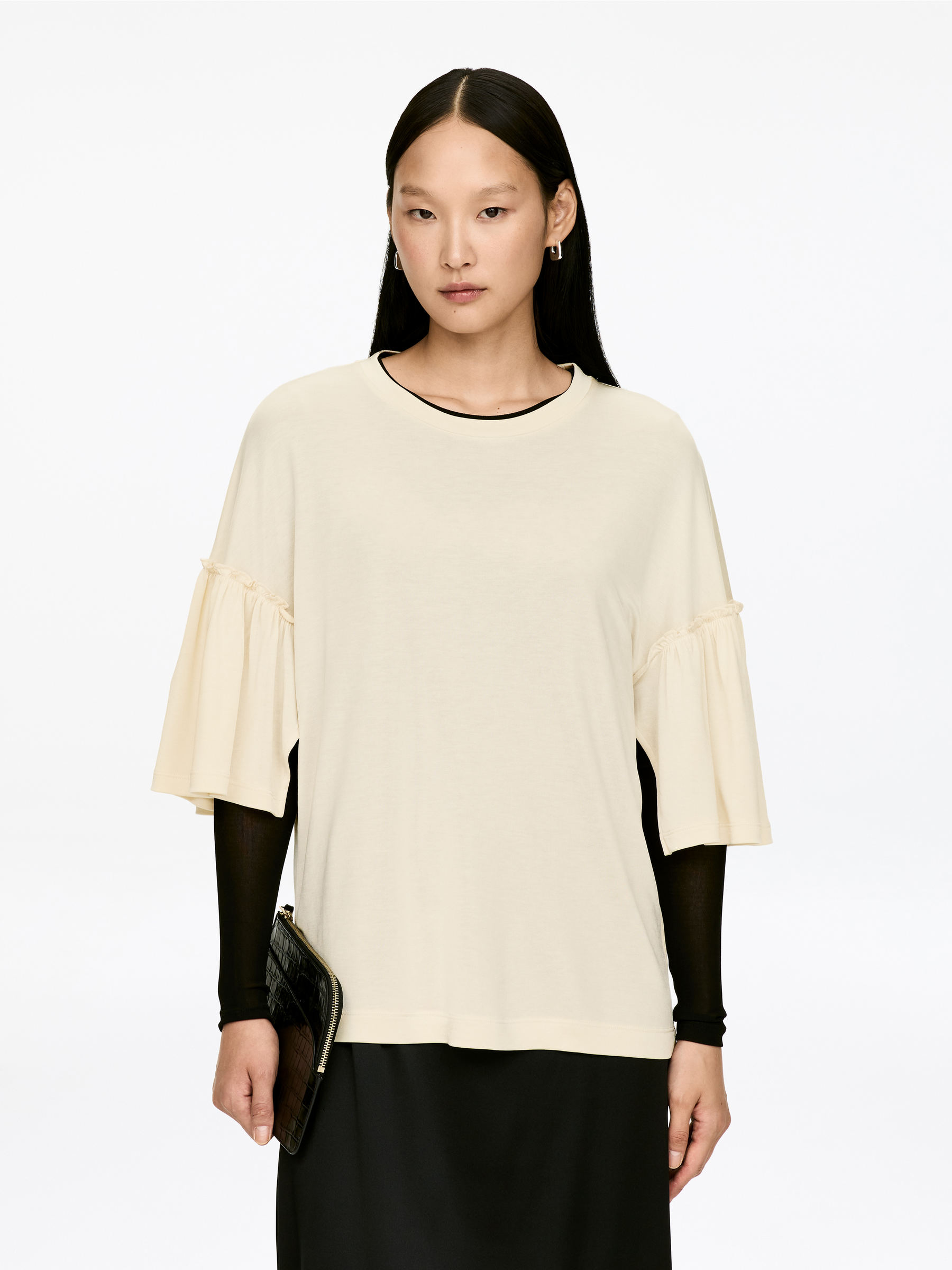 Frill-Sleeve T-Shirt-#DCD6C7-17290