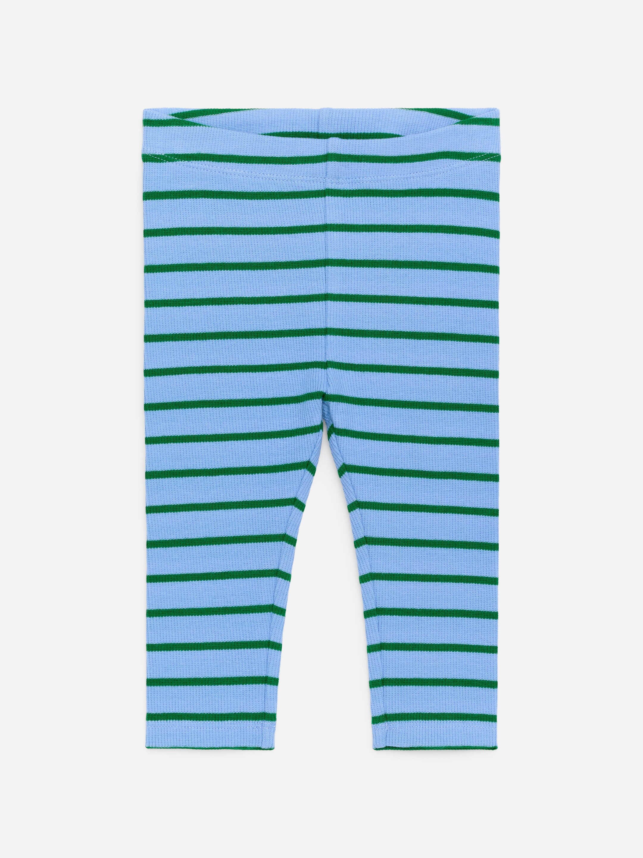 Agrandir l'image: Une paire de leggings en maille côtelée présentée de face, avec des rayures horizontales alternées bleu clair et vert.