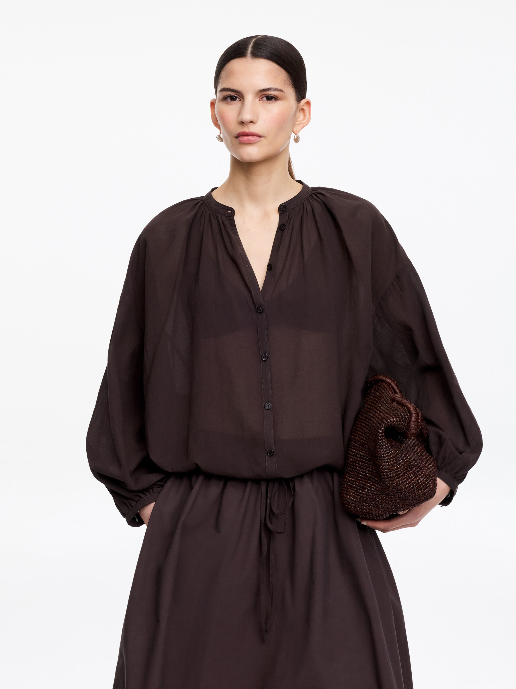 Crepe Drawstring Blouse-#3C2A2B-18648