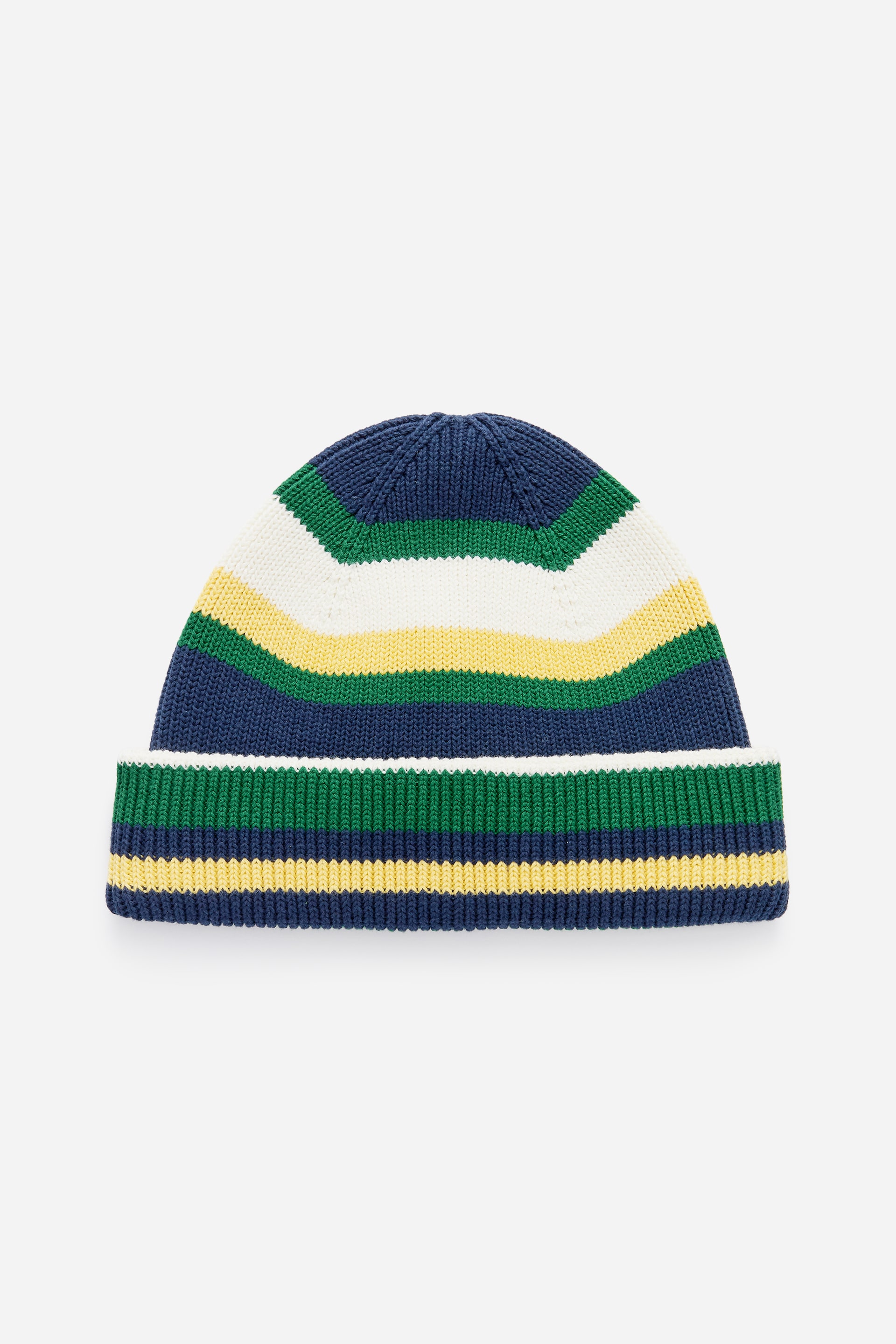 Visualizza l'immagine ingrandita: Un berretto in cotone lavorato a maglia è mostrato di FRONTE, con un motivo a righe nei colori blu navy, verde, bianco e giallo, e un bordo a doppio risvolto.