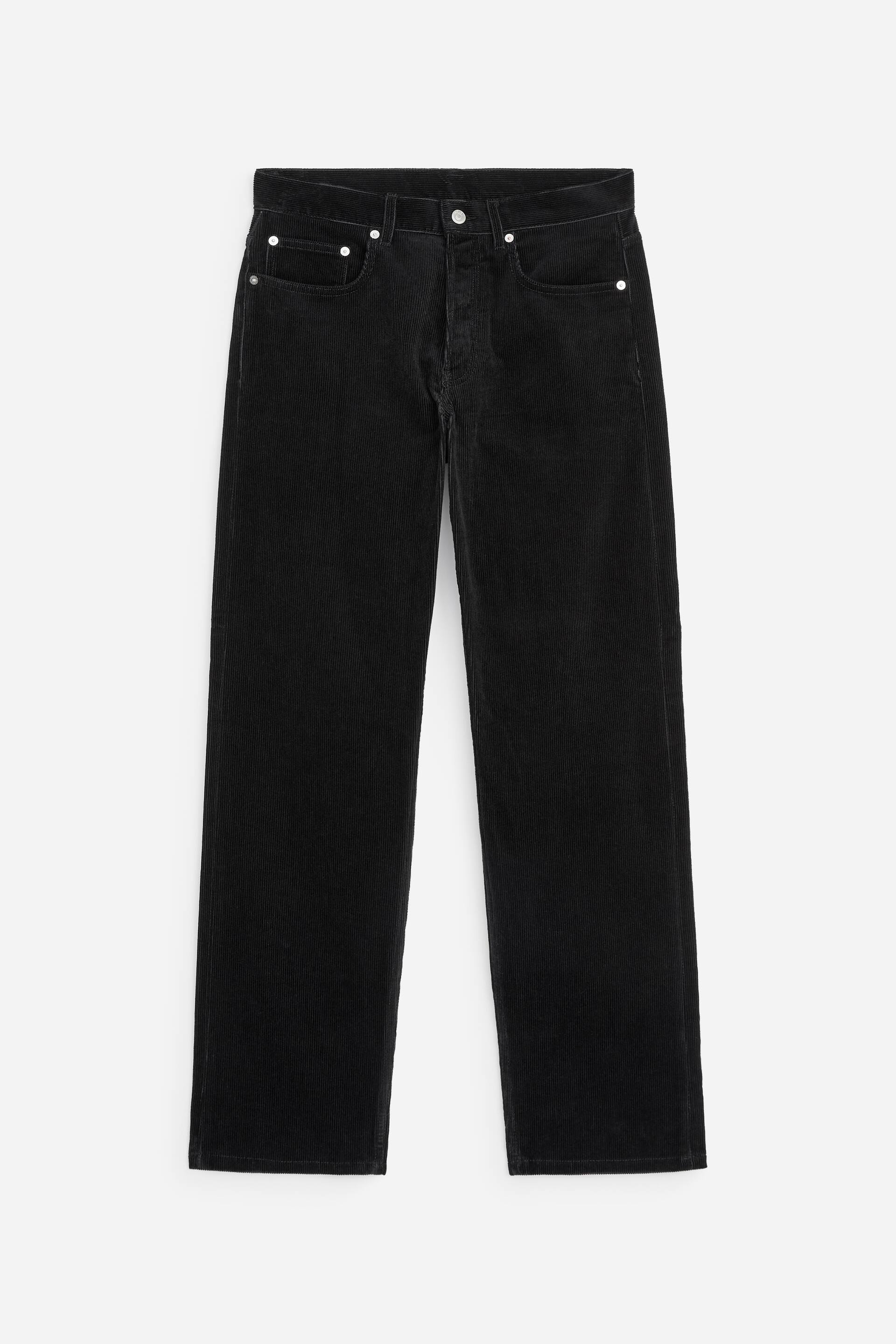 Agrandir l'image: Pantalon en velours côtelé noir présentant une coupe droite à l'avant. Il est doté d'une braguette à boutons, de passants pour ceinture et de rivets argentés sur les poches avant.