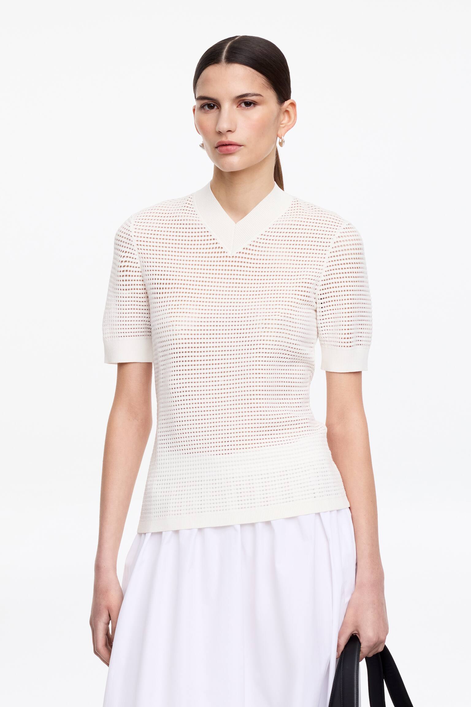 Pointelle-strikket bluse med V-hals - Hvid - 1