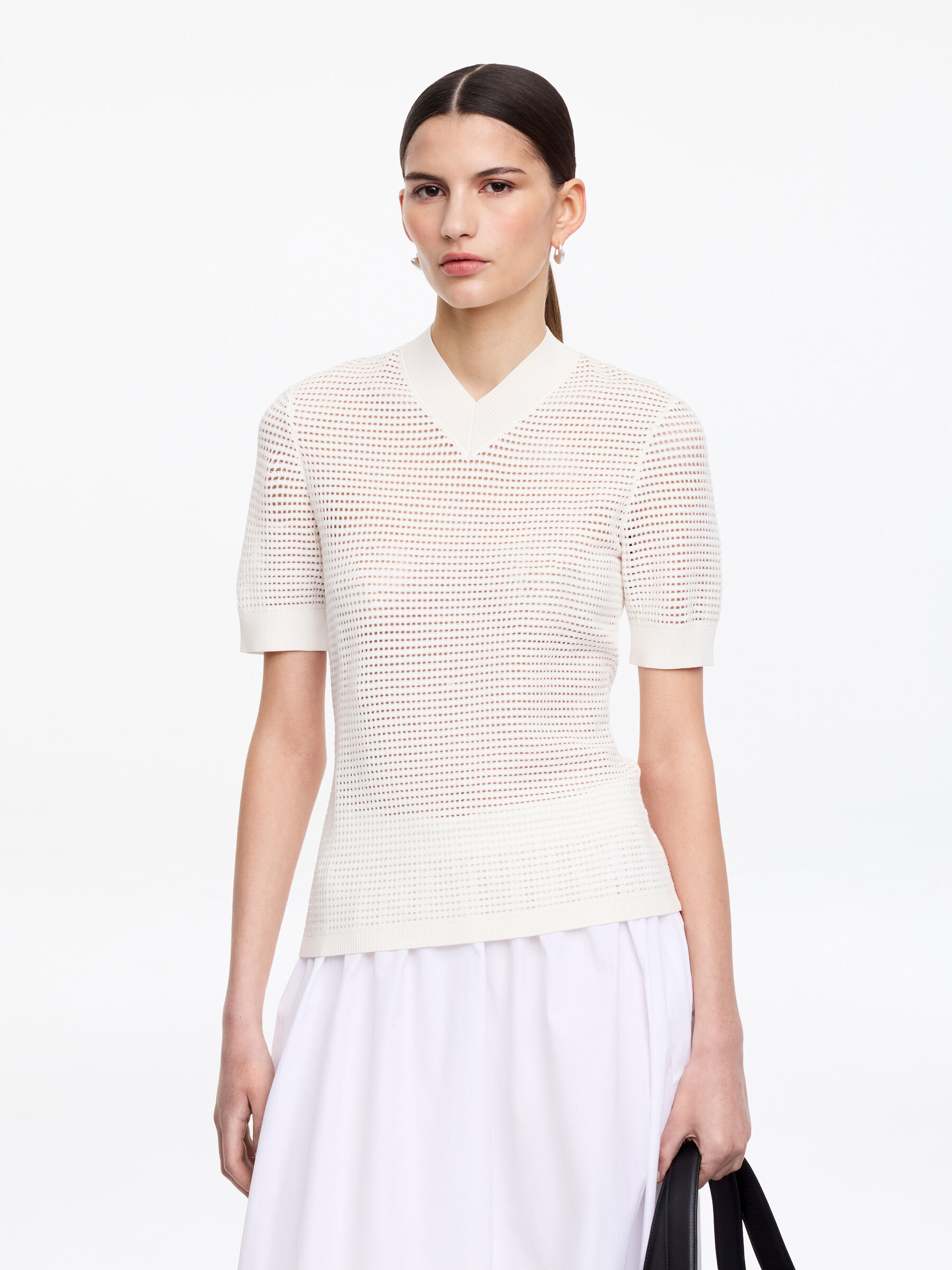 Haut à col en V en maille pointelle - Blanc - Slim fit - Femme - StillMedia/Lookbook - 3