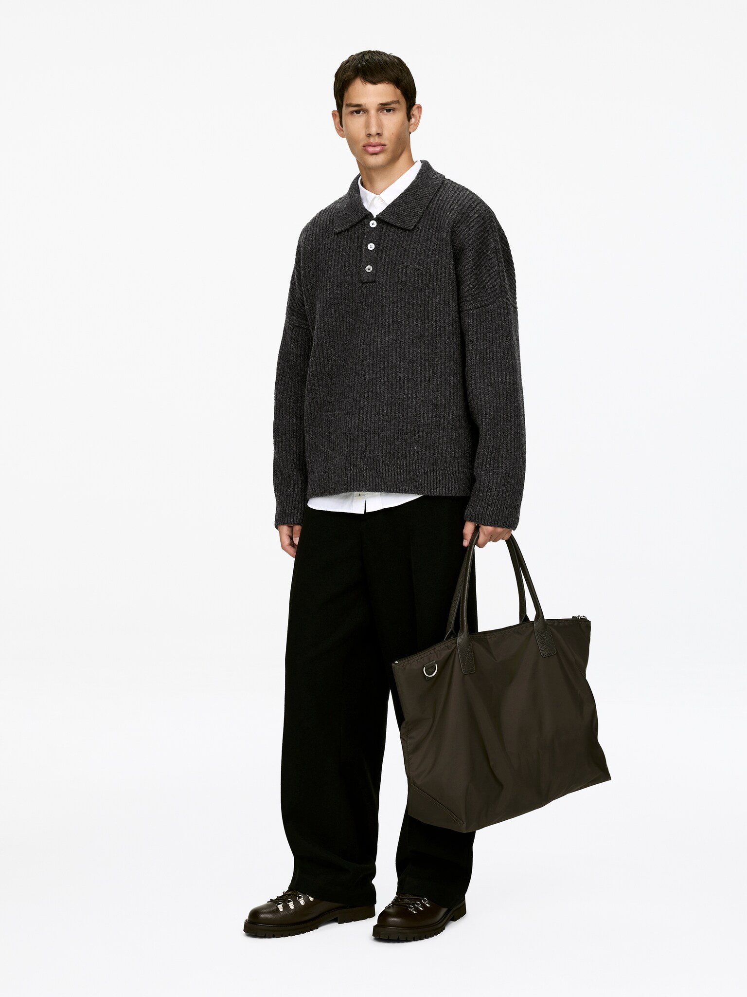 Jersey de lana tipo polo - Gris/Azul oscuro - 5