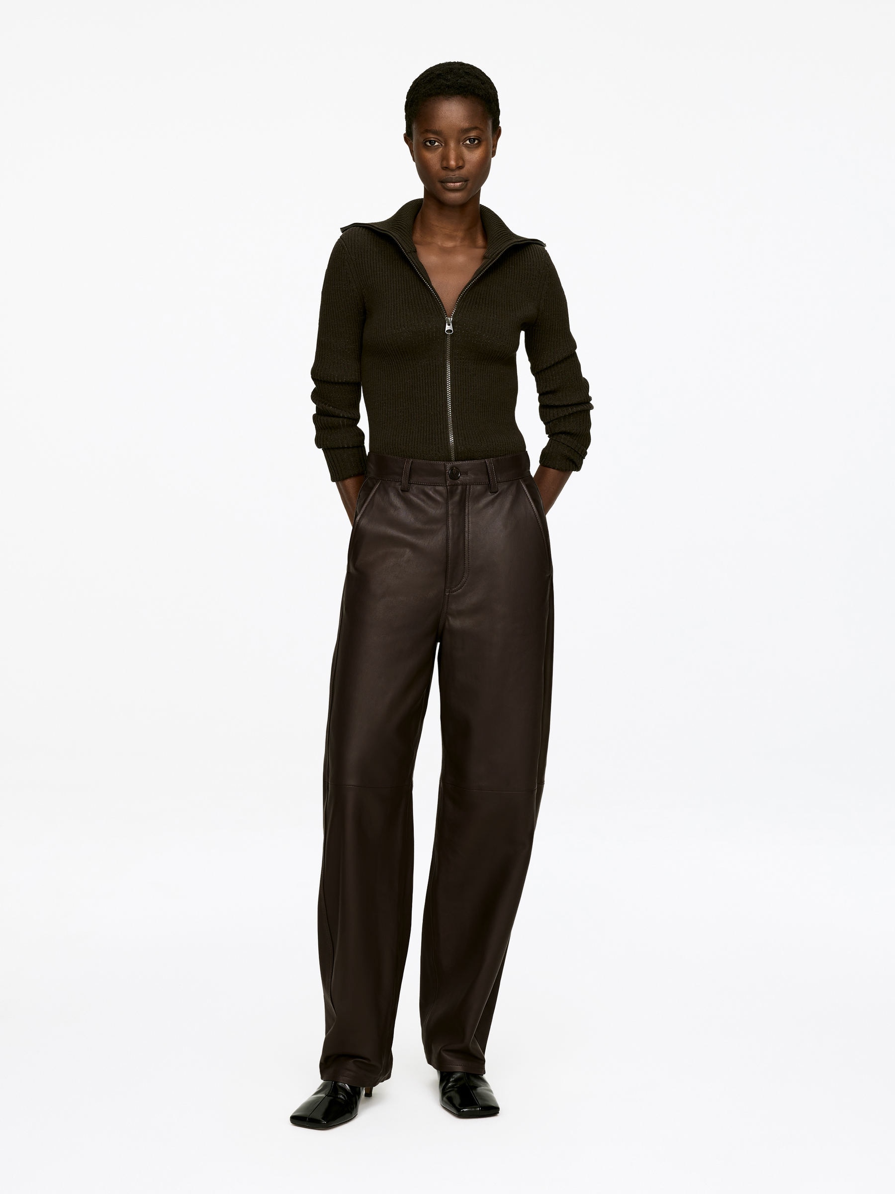 Barrel Leather Trousers-#3F3838-17596