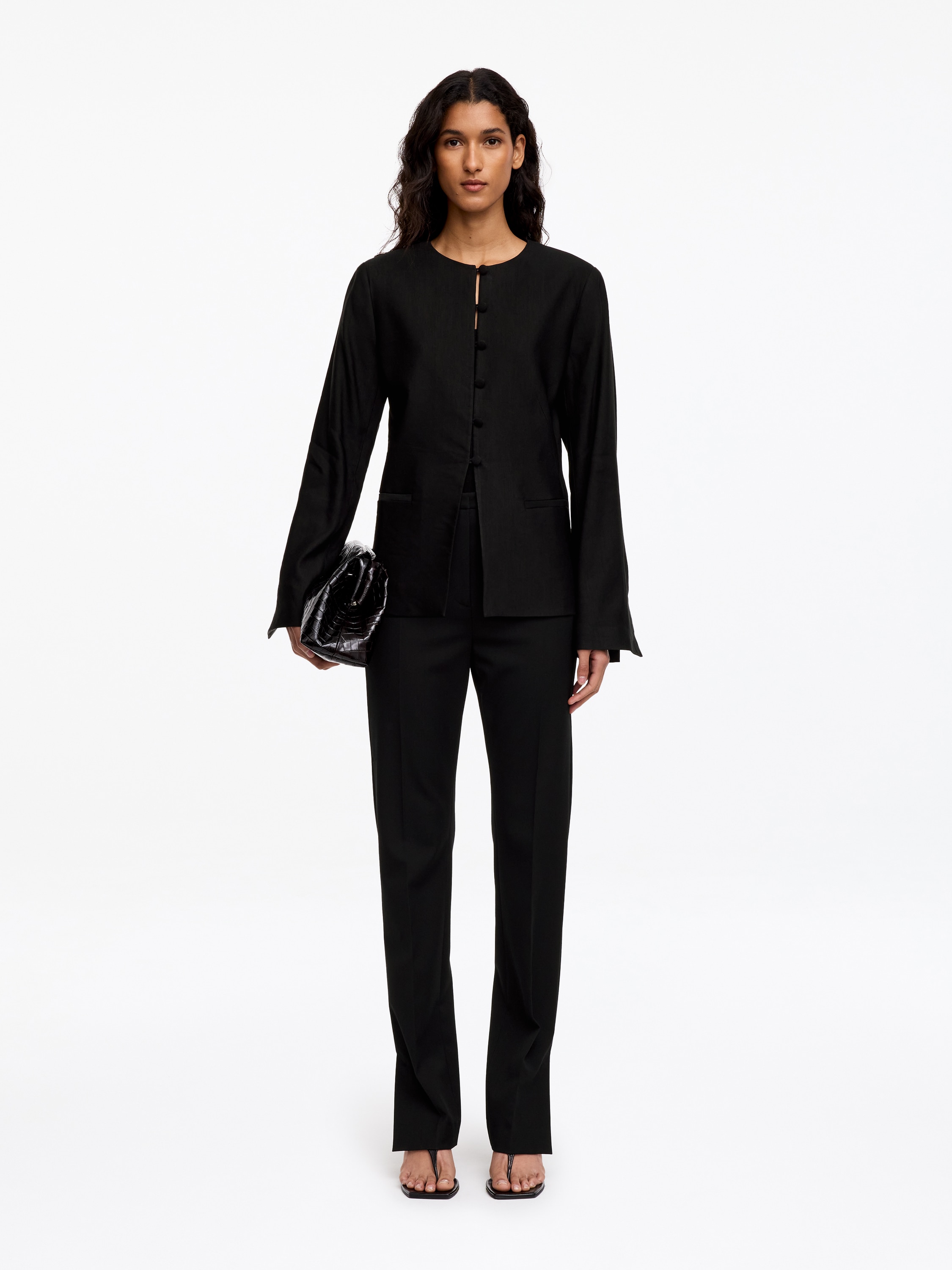 Blazer sem gola em mistura de linho - Preto