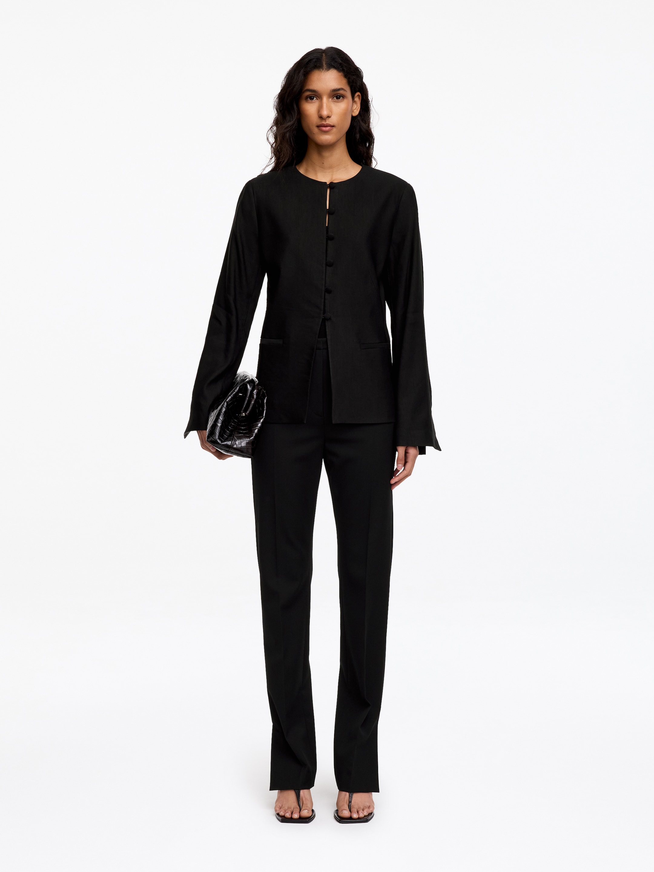Linen-Blend Collarless Blazer-Black-20184