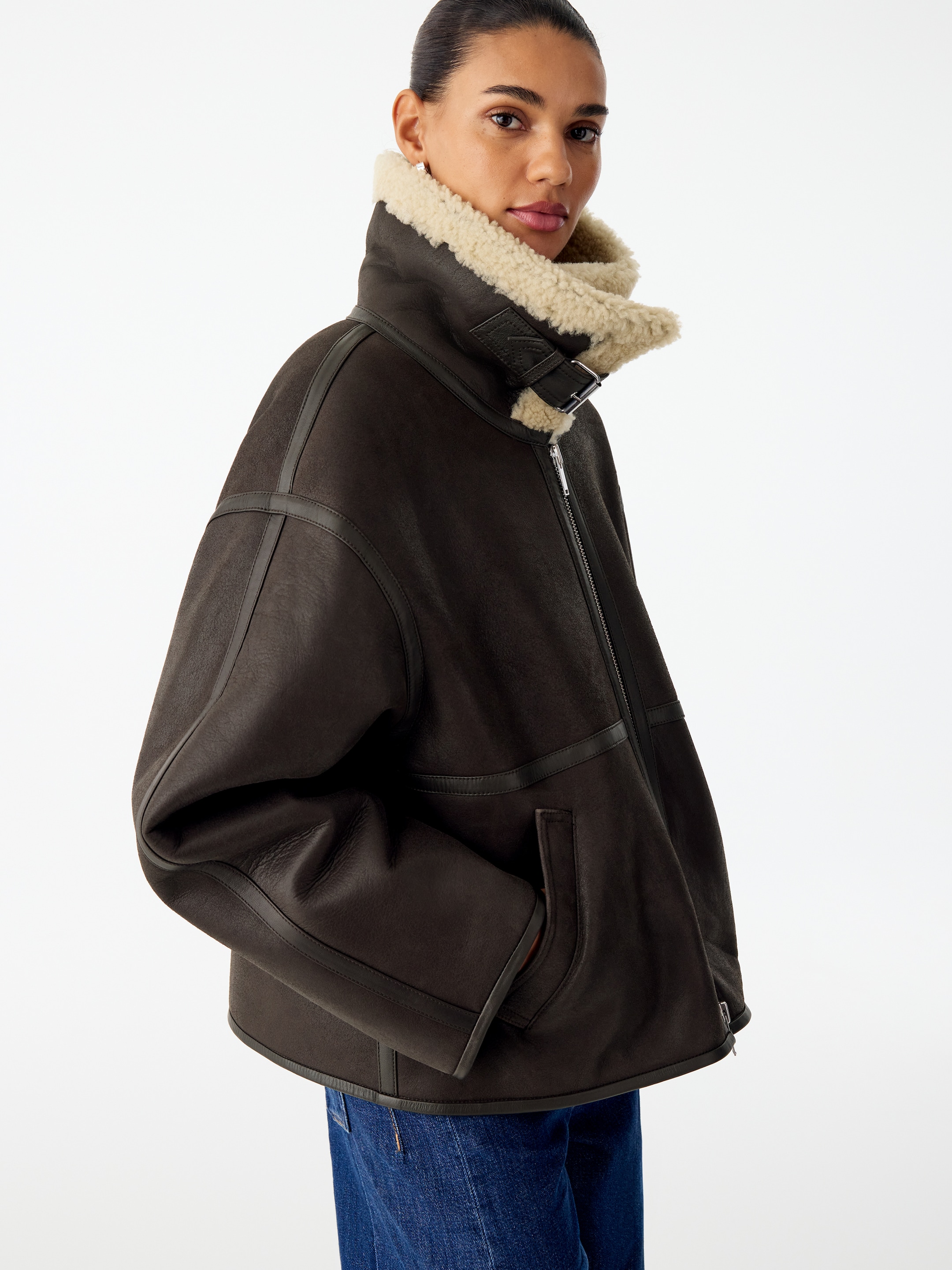 Leather Shearling Aviator Jacket - Brown - Oversized - women - StillMedia/Lookbook - 8