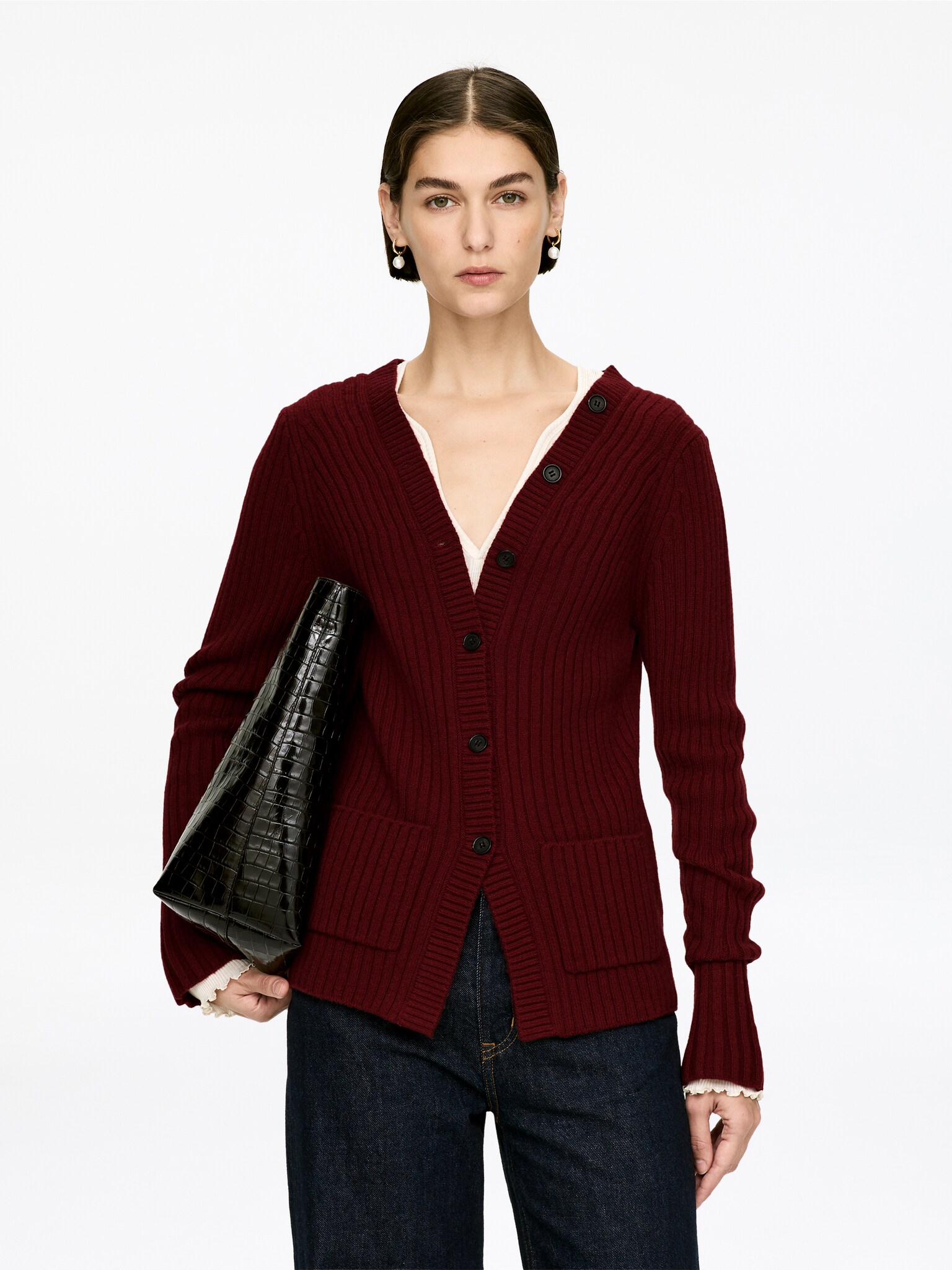 Cardigan en maille côtelée - Bordeaux/Bleu foncé - 1