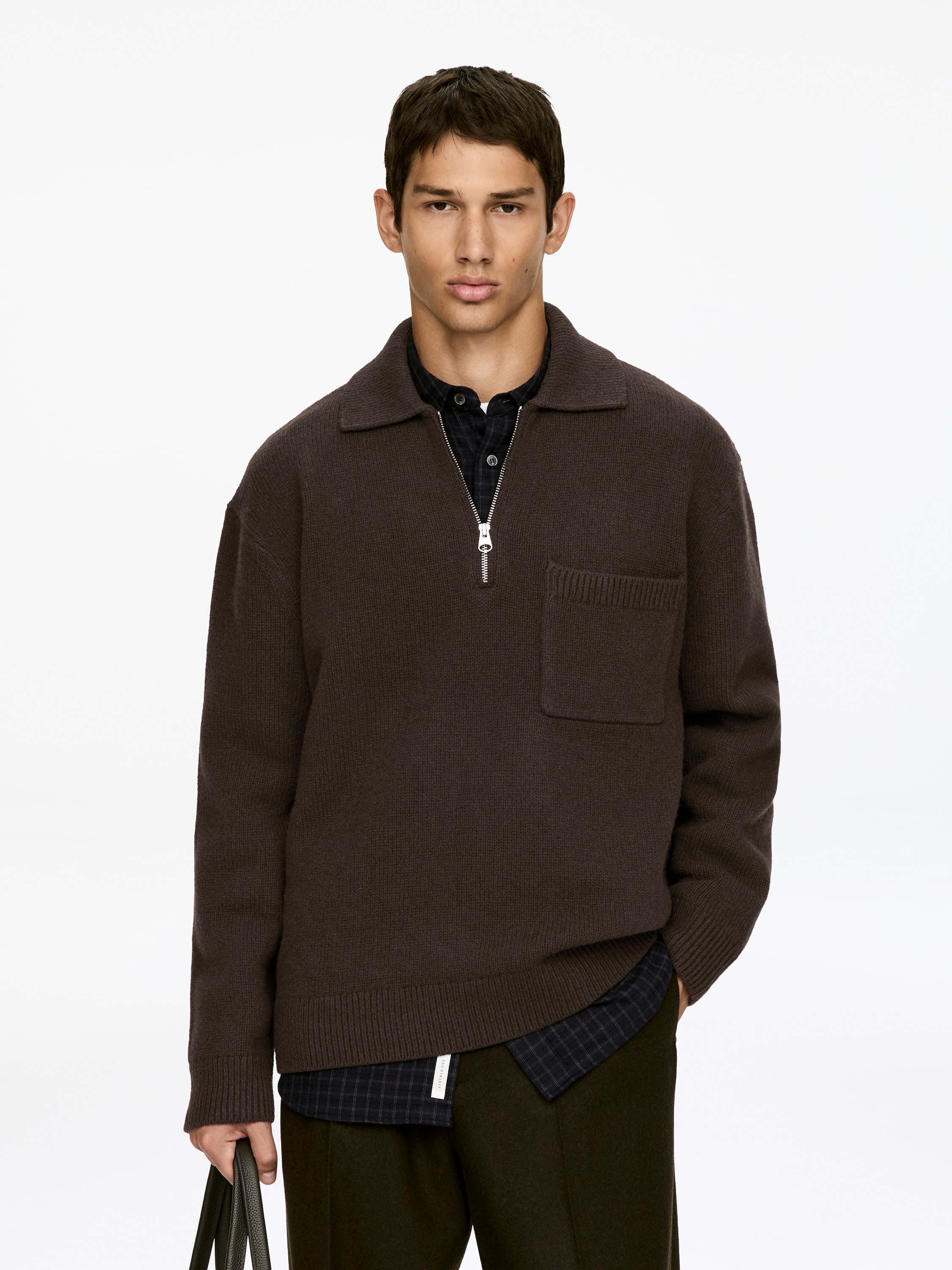 Tricou polo din lână tricotată cu fermoar - Brown/Grey/Dark Green/Negru/Mole