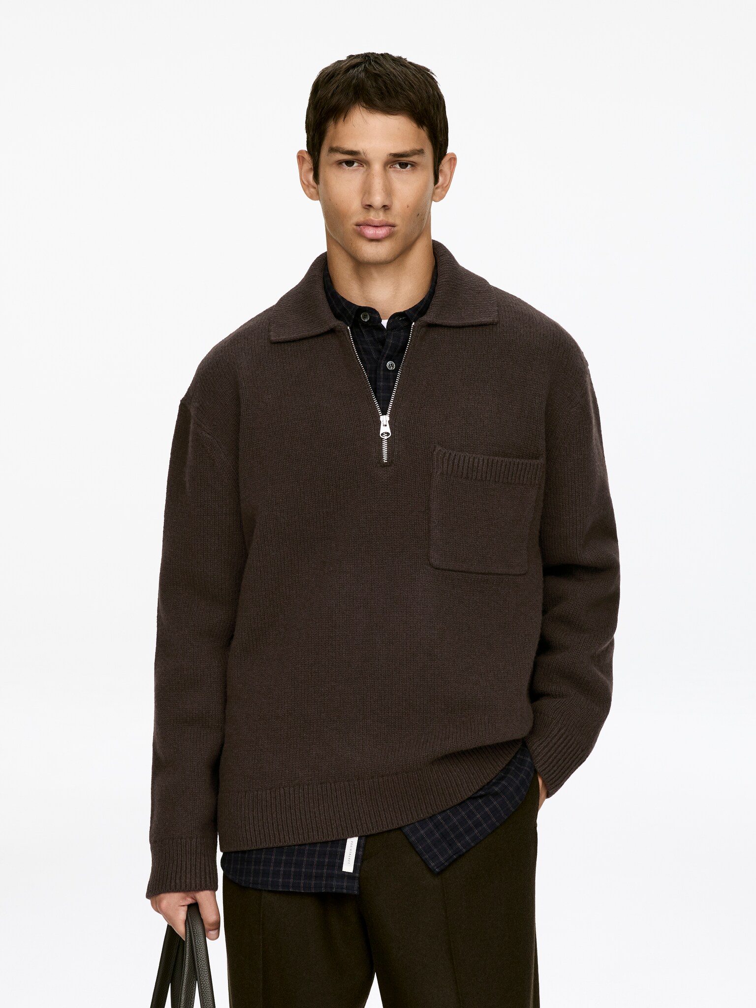 Knitted Wool Zip Polo Shirt - Brown/Grey/Dark Green