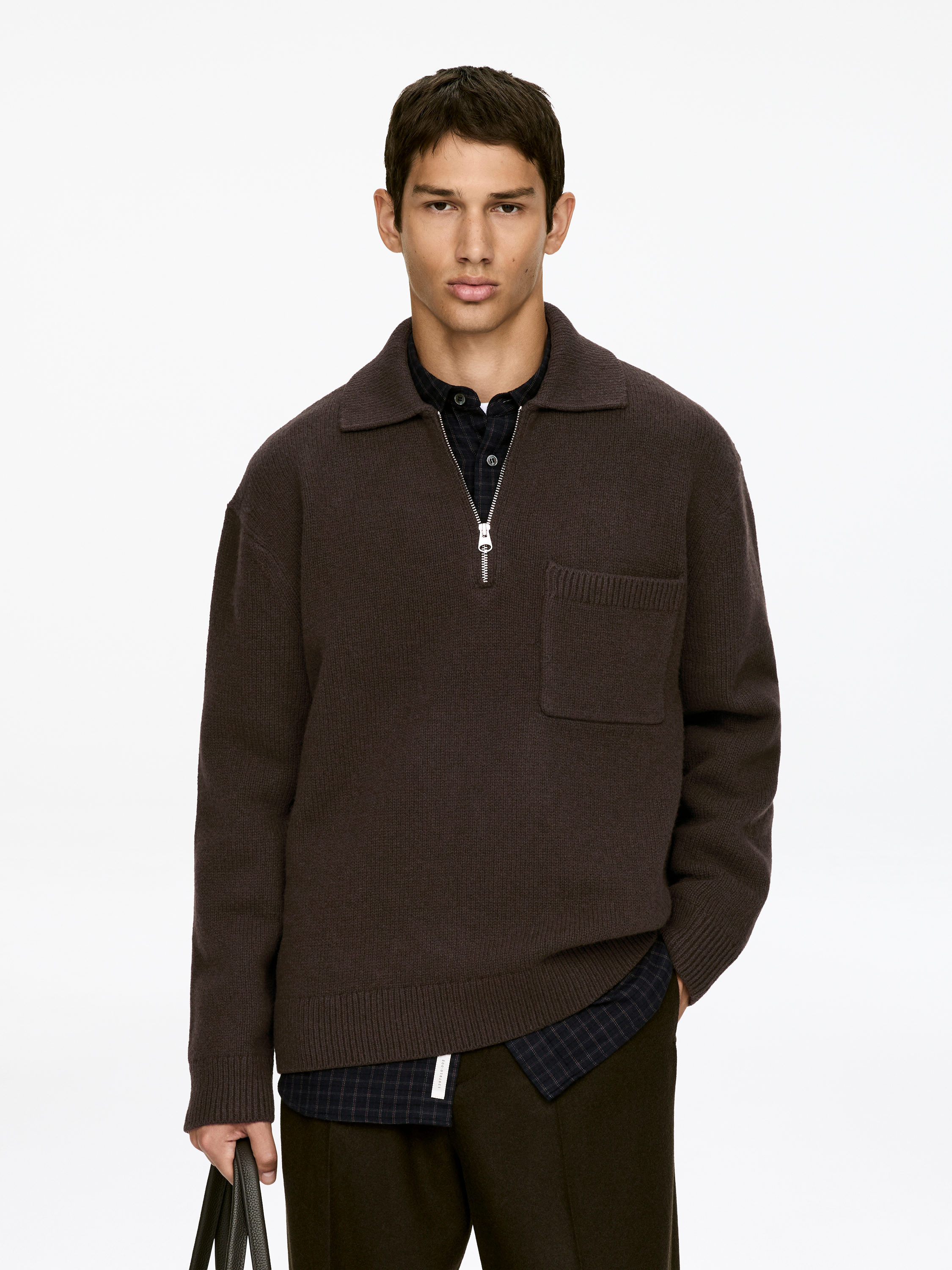 Knitted Wool Zip Polo Shirt-#3F3838-13512