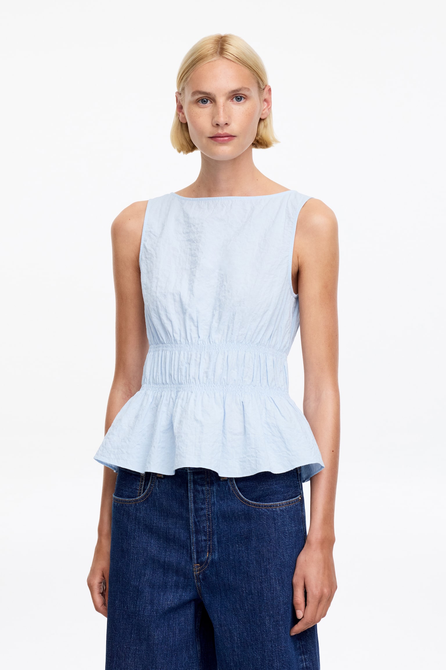 Top in seersucker con lavorazione a punto smock - Azzurro - 1