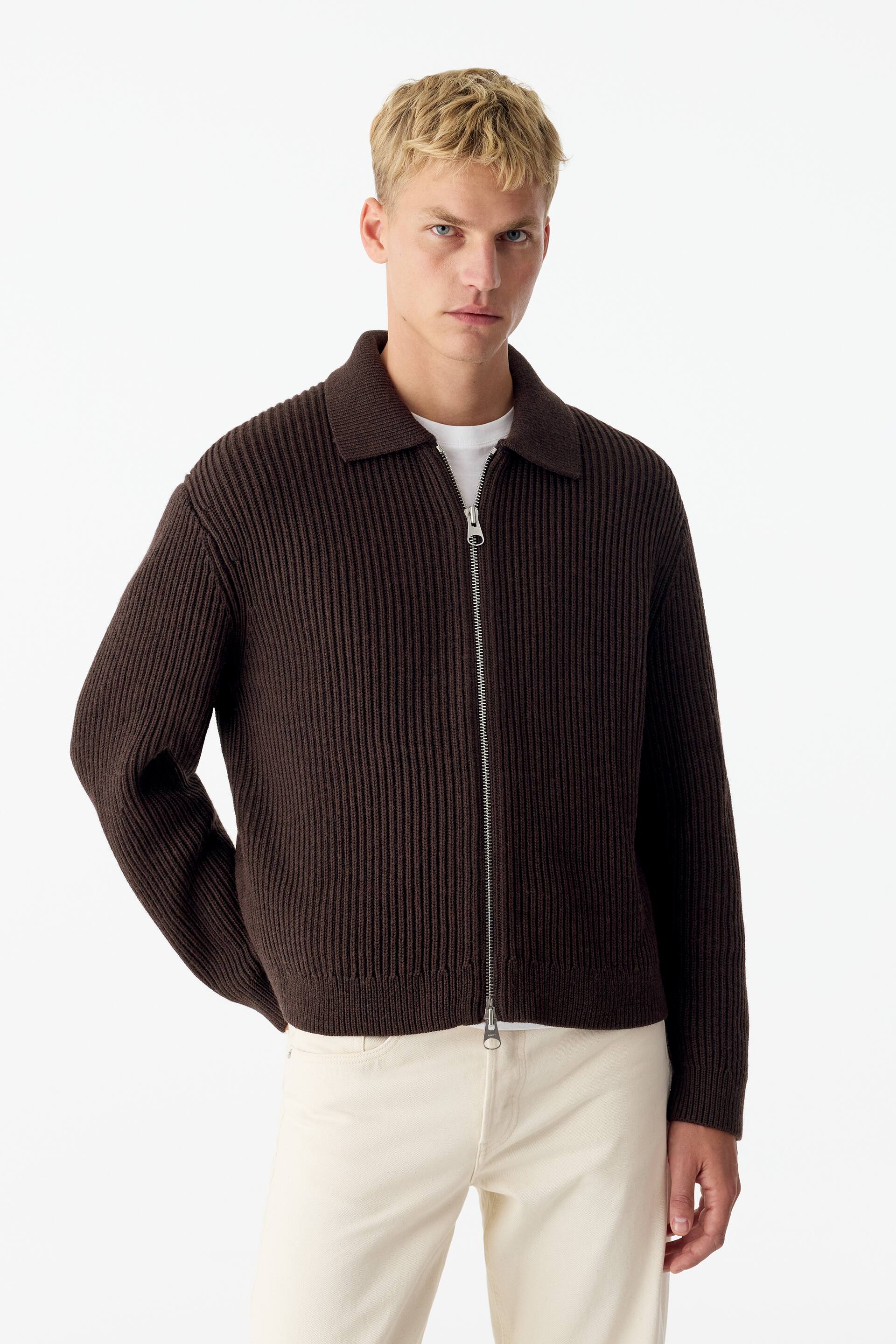 View larger image: A dark brown ribbed-knit cardigan featuring a spread collar and a silver-tone front zip is being worn by the model. The cardigan is styled over a white T-shirt and off-white trousers.